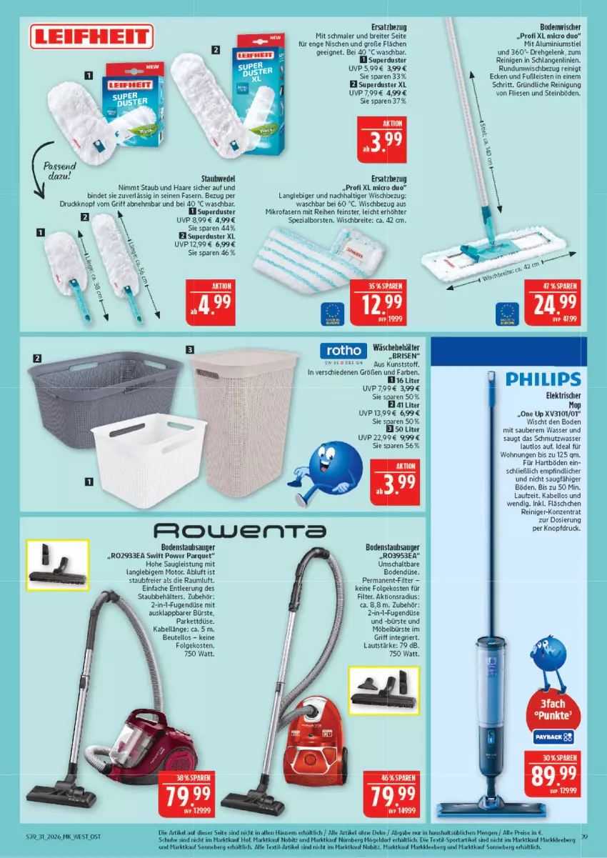 Aktueller Prospekt Marktkauf - Prospekt - von 26.07 bis 01.08.2026 - strona 39 - produkty: Behälter, beutel, bodenstaubsauger, bodenwischer, Brei, bürste, eier, eis, leifheit, LG, mikrofaser, möbel, Philips, reiniger, Reinigung, reis, rowenta, Schal, schuhe, Spezi, Sport, staubsauger, staubwedel, Ti, umschaltbare bodendüse, wasser, wedel
