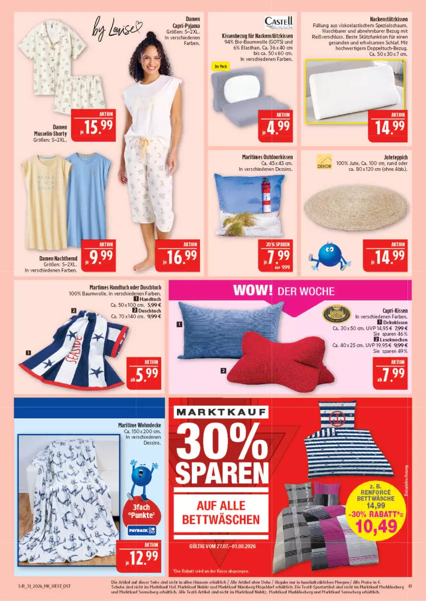 Aktueller Prospekt Marktkauf - Prospekt - von 26.07 bis 01.08.2026 - strona 41 - produkty: asti, Bau, baumwolle, bett, bio, Cap, decke, dekokissen, duschtuch, eis, elle, handtuch, hemd, kissen, Kissenbezug, Nachthemd, nackenstützkissen, Pyjama, reis, schuhe, shorty, Spezi, Sport, teppich, Ti, tisch, tuc, wolle