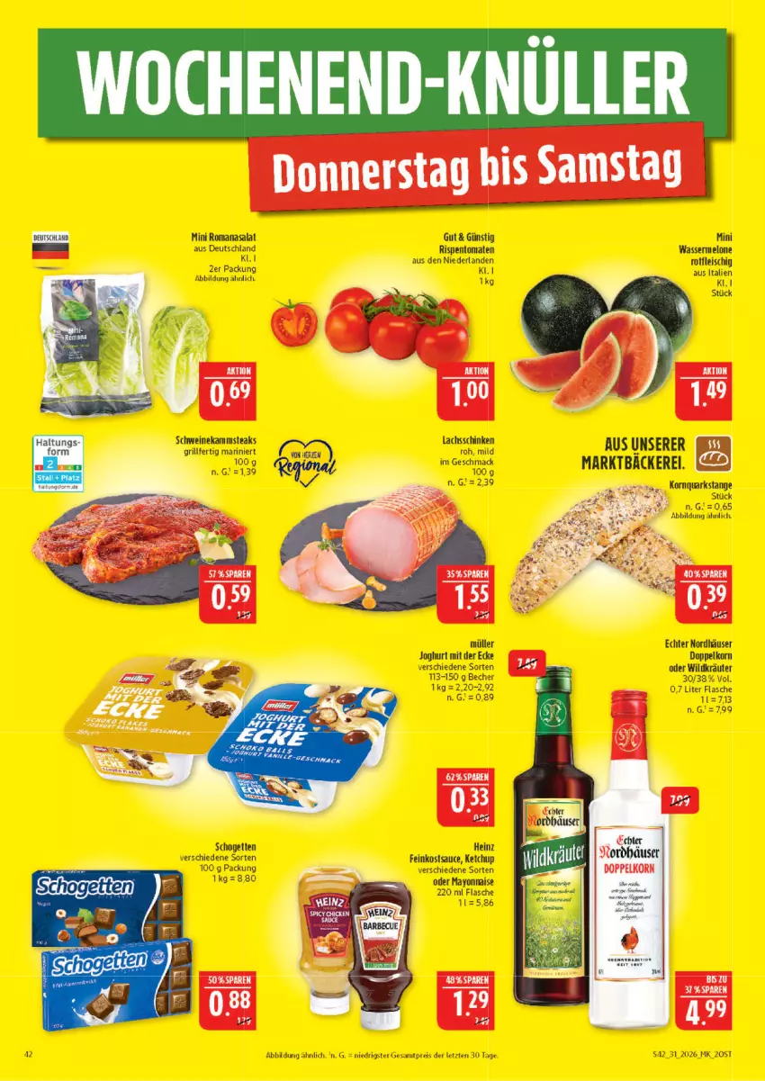 Aktueller Prospekt Marktkauf - Prospekt - von 26.07 bis 01.08.2026 - strona 42 - produkty: Becher, doppelkorn, eis, feinkost, flasche, fleisch, grill, heinz, joghur, joghurt, joghurt mit der ecke, ketchup, korn, kräuter, lachs, lachsschinken, mac, mayonnaise, melone, Müller, quark, reis, rispentomaten, Romanasalat, salat, sauce, schinken, schogetten, schwein, schweine, steak, steaks, Ti, tomate, tomaten, wasser, wassermelone, wein, weine, Wild, Yo, ZTE