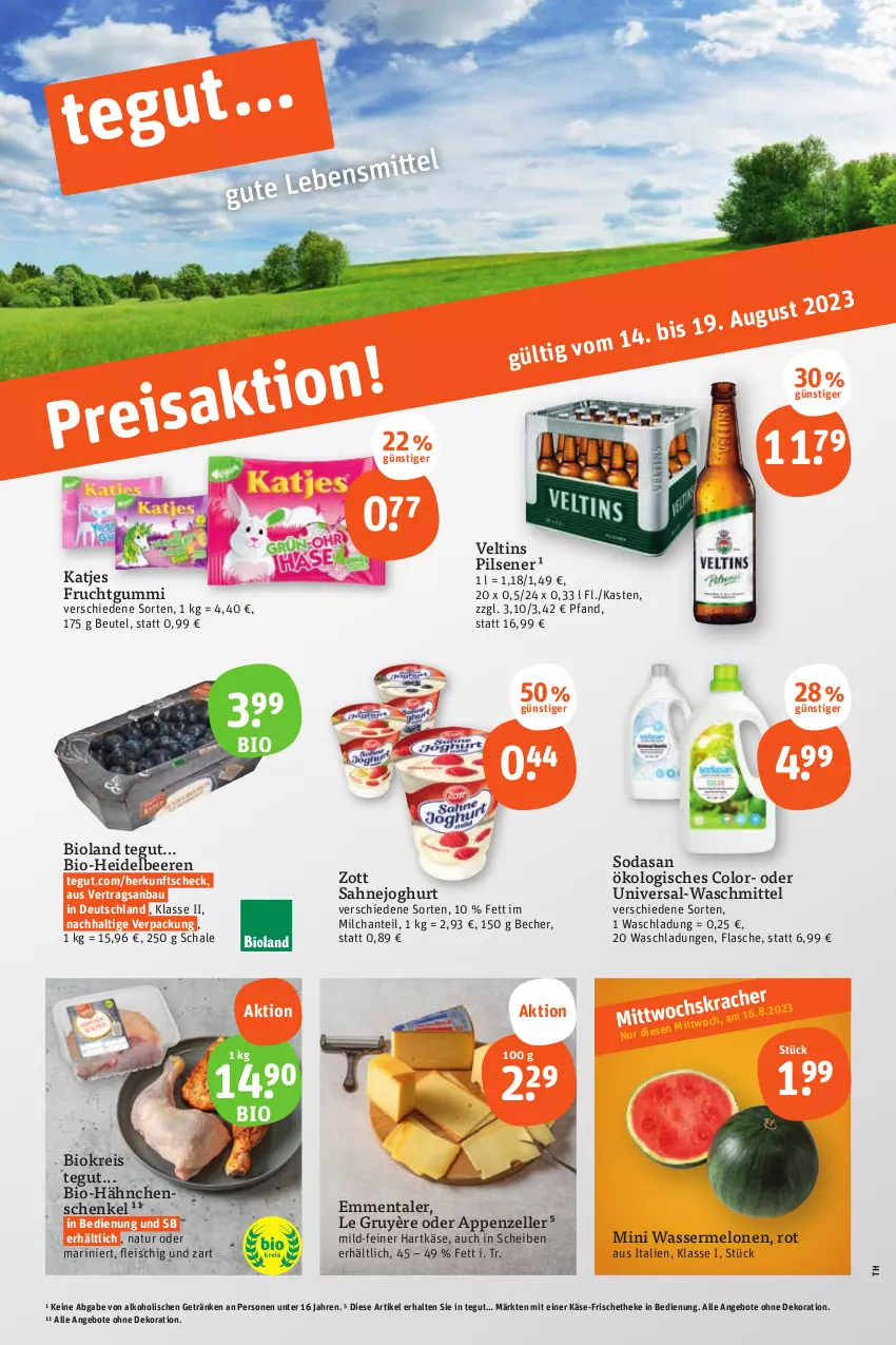 Aktueller Prospekt Tegut - Angebote der Woche - von 14.08 bis 19.08.2023 - strona 1 - produkty: alkohol, angebot, angebote, appenzeller, Bau, Becher, beere, beeren, beutel, bio, bioland, dekoration, eis, elle, emmentaler, flasche, fleisch, frucht, fruchtgummi, getränk, getränke, hähnchenschenkel, hartkäse, heidelbeere, heidelbeeren, henkel, joghur, joghurt, Käse, katjes, melone, melonen, milch, mini wassermelonen, natur, pils, pilsener, reis, sahne, Sahnejoghurt, Schal, Schale, schenkel, Soda, Ti, veltins, veltins pilsener, waschmittel, wasser, wassermelone, wassermelonen, zott