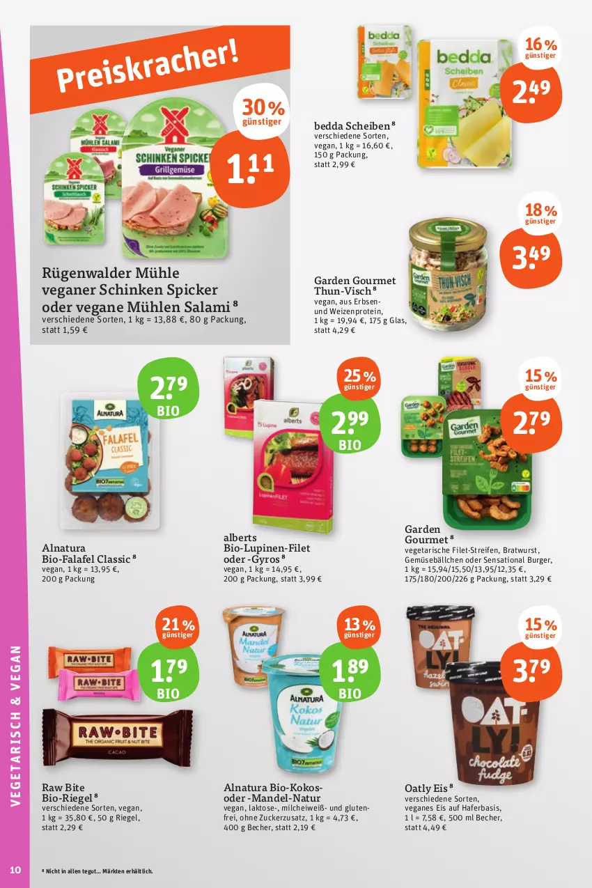 Aktueller Prospekt Tegut - Angebote der Woche - von 14.08 bis 19.08.2023 - strona 10 - produkty: Becher, bio, bratwurst, burger, eis, erbsen, Falafel, filet, garden gourmet, gyros, hafer, kokos, mandel, milch, natur, natura, reifen, riegel, rügenwalder, rügenwalder mühle, salami, schinken, schinken spicker, Ti, Veganes Eis, Vegeta, wurst, zucker