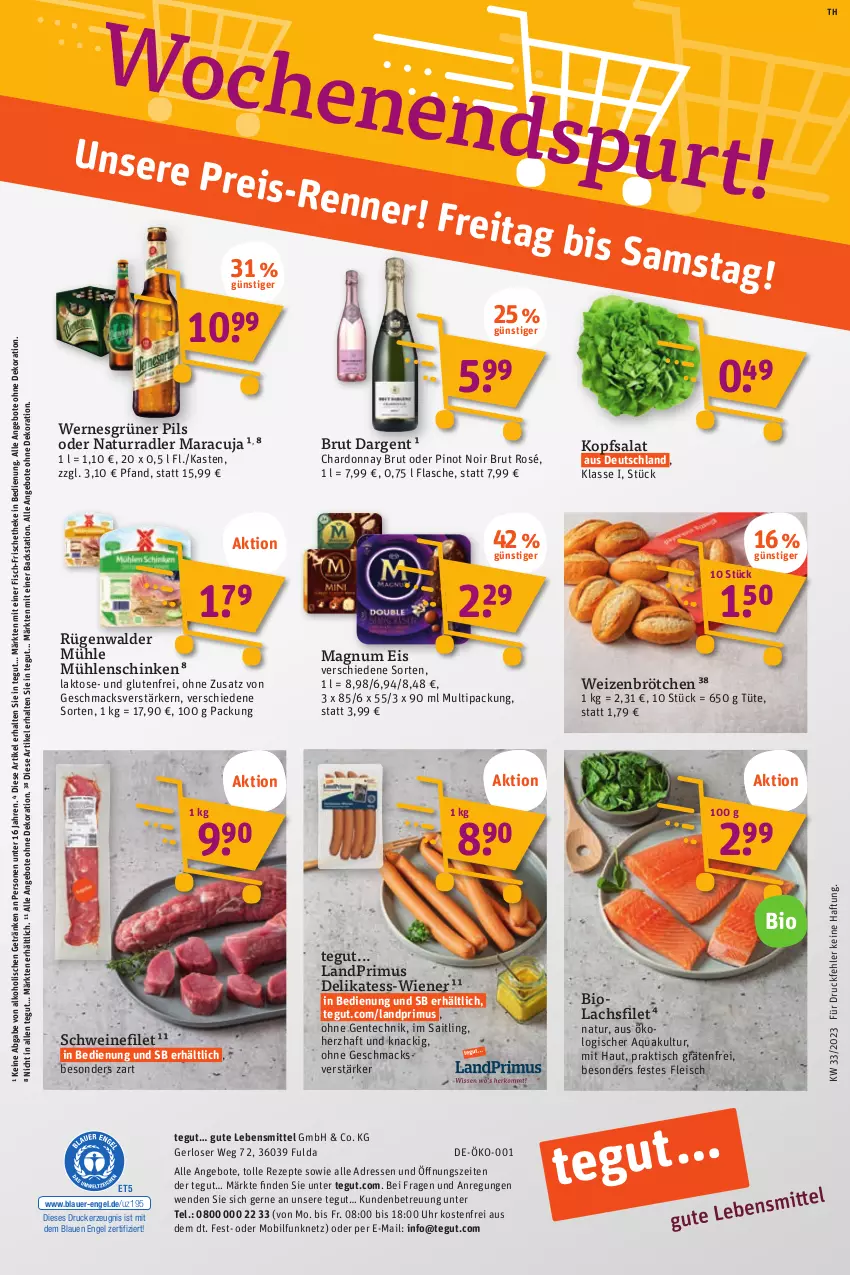 Aktueller Prospekt Tegut - Angebote der Woche - von 14.08 bis 19.08.2023 - strona 20 - produkty: alkohol, angebot, angebote, aqua, auer, bio, brötchen, brut, brut dargent, chardonnay, dekoration, drucker, eis, Engel, ente, filet, fisch, flasche, fleisch, Fulda, getränk, getränke, kerze, kopfsalat, lachs, lachsfilet, landprimus, lebensmittel, mac, magnum, maracuja, natur, pils, Pinot, pinot noir, radler, reis, rezept, rezepte, rügenwalder, rügenwalder mühle, salat, schinken, schwein, schweine, schweinefilet, Ti, tisch, Tüte, uhr, wein, weine, weizenbrötchen, wiener