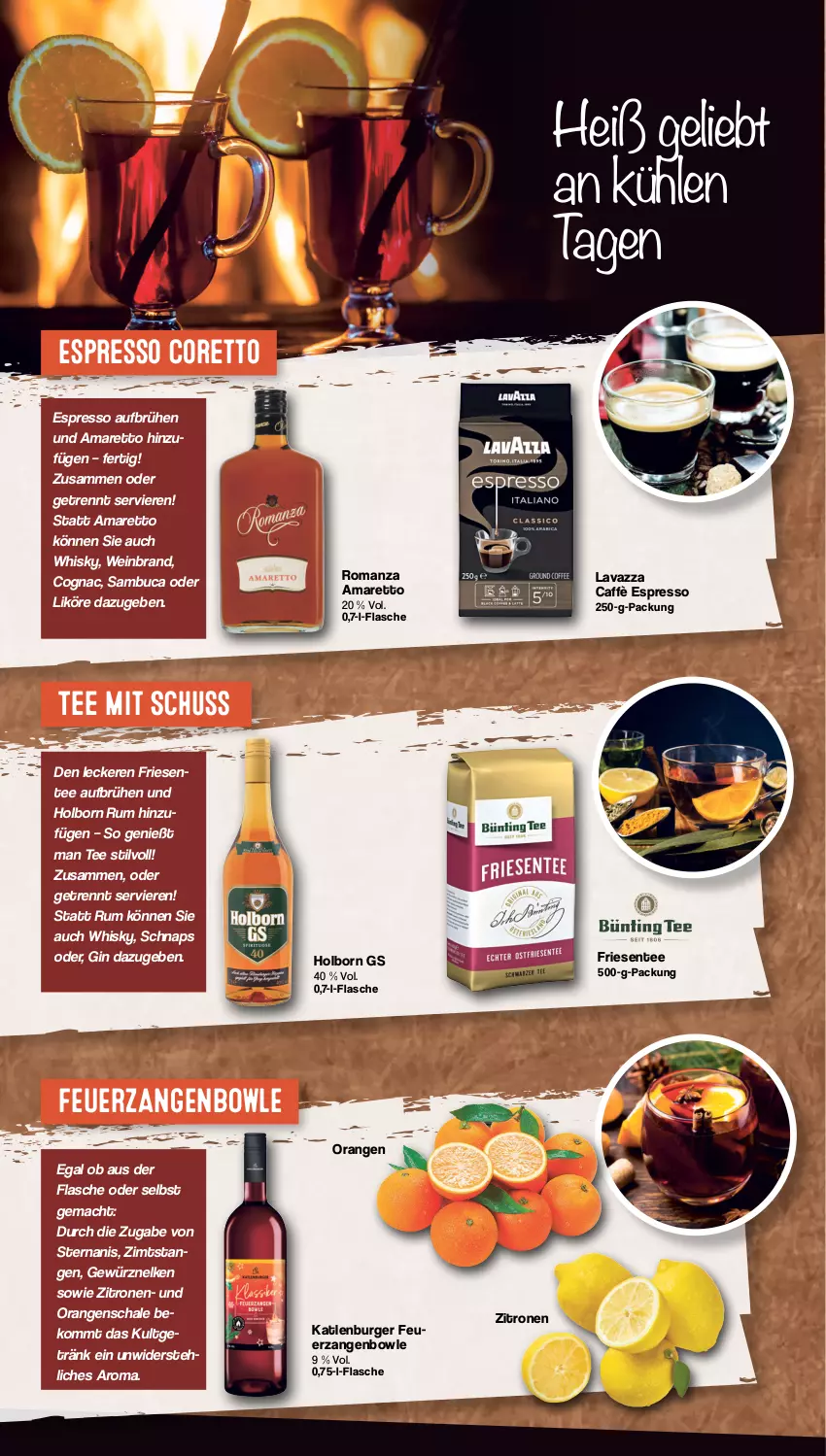 Aktueller Prospekt Famila - Prospekte - von 23.10 bis 28.10.2023 - strona 2 - produkty: Amaretto, beko, bowle, Brühe, burger, Cognac, ente, espresso, flasche, getränk, gewürz, gin, katlenburger, lavazza, likör, mac, orange, orangen, rum, sambuca, Schal, Schale, tee, Ti, wein, weinbrand, whisky, Zangen, zitrone, zitronen