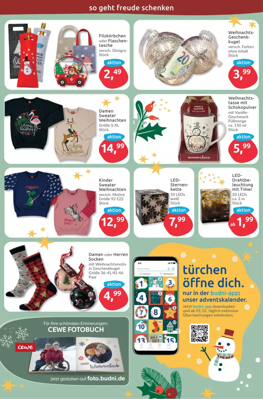 Aktueller Prospekt Budni - Prospekte - von 28.11 bis 03.12.2022 - strona 3 - produkty: Adventskalender, angebot, angebote, buch, cewe, decke, Draht, flasche, Fotobuch, Kette, Kinder, Körbchen, Kugel, leds, mac, schoko, socken, Sweater, Tasche, tasse, Ti, timer, vanille, weihnachten