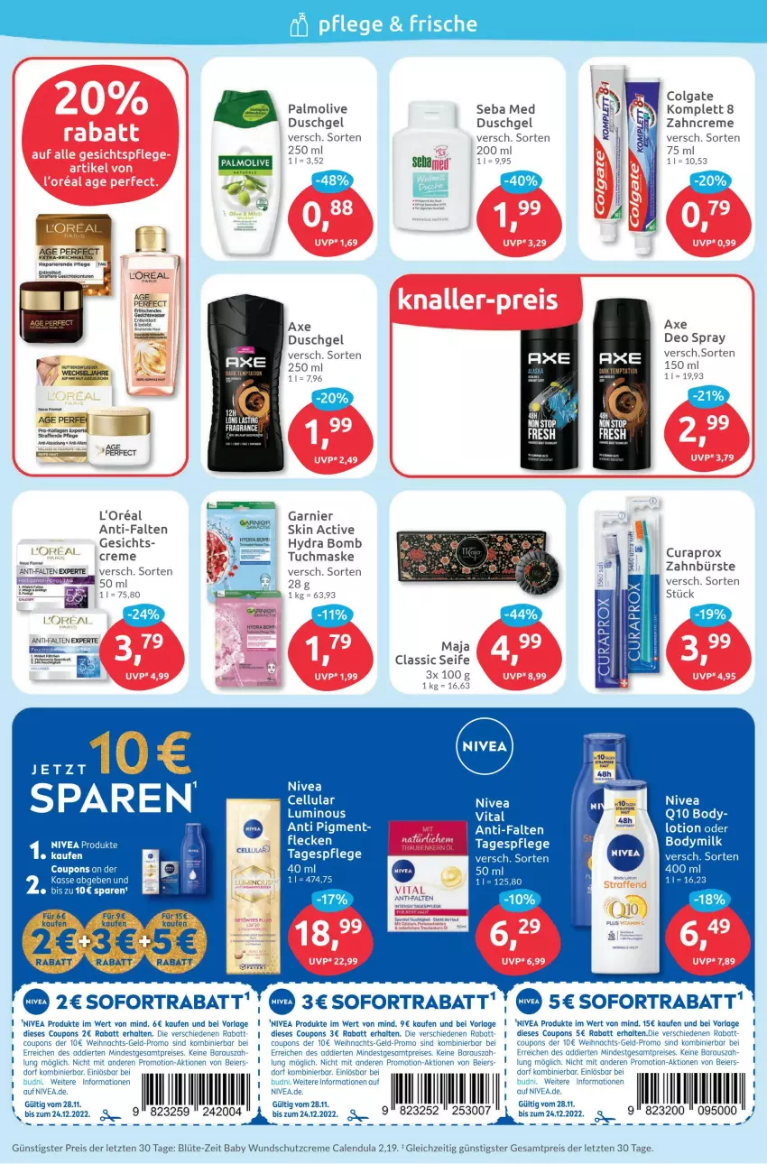 Aktueller Prospekt Budni - Prospekte - von 28.11 bis 03.12.2022 - strona 6 - produkty: anti-falten experte, axe, axe duschgel, Baby Wundschutzcreme, Bad, Blüte, Brei, bürste, Calendula, colgate, coupon, coupons, creme, deo, deo spray, duschgel, eier, eis, ente, garnier, gesichtspflege, Kollagen, l'oreal, LG, Lotion, Manner, Maske, milch, nivea, olive, palmolive, perlen, Q10, reis, sac, Schutzcreme, Seife, Tagespflege, tee, Ti, trauben, tuc, tuchmaske, vita, Vitamin C, zahnbürste, zahncreme, ZTE