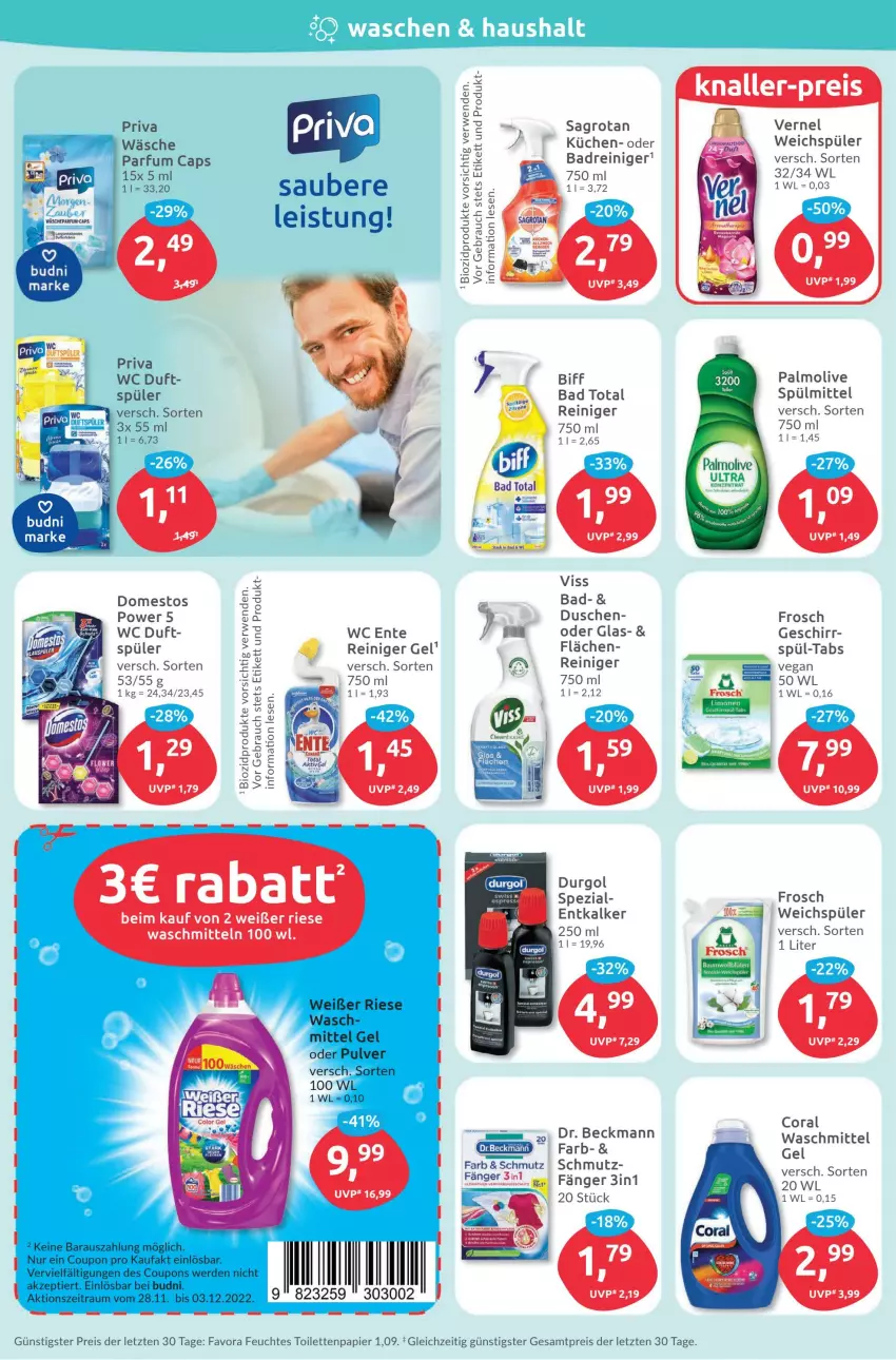 Aktueller Prospekt Budni - Prospekte - von 28.11 bis 03.12.2022 - strona 8 - produkty: Bad, biff, bio, biozidprodukte, Cap, Coral, domestos, Dr. Beckmann, dusche, eis, ente, entkalker, feuchtes toilettenpapier, Frosch, geschirr, küche, Küchen, olive, palmolive, papier, parfum, Rauch, reiniger, reiniger gel, reis, rwe, sagrotan, Spezi, spülmittel, Ti, toilettenpapier, vernel, waschmittel, wc ente, weichspüler, ZTE