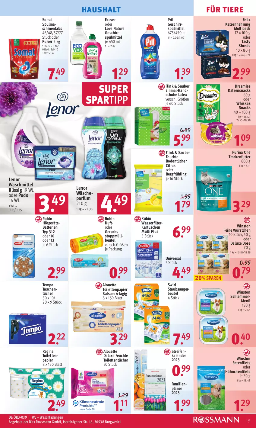 Aktueller Prospekt Rossmann - Prospekte - von 29.08 bis 02.09.2022 - strona 15 - produkty: alouette, angebot, angebote, balsam, batterie, batterien, beutel, Bodentücher, citrus, dreamies, ente, Familienplaner, felix, filet, filets, filterkartuschen, geschirr, geschirrspülmittel, gin, handschuhe, katzennahrung, katzensnack, katzensnacks, lenor, lenor waschmittel, müllbeutel, natur, papier, Pods, pril, purina, reifen, Rubin, schuhe, snack, snacks, somat, spartipp, spülmaschinen, spülmaschinentabs, spülmittel, staubsauger, staubsaugerbeutel, swirl, Tasche, taschen, taschentücher, Tempo, Ti, Tiere, toilettenpapier, toilettentücher, trockenfutter, tücher, wäscheparfüm, waschmittel, wasser, wasserfilter, wedel, whiskas, würstchen