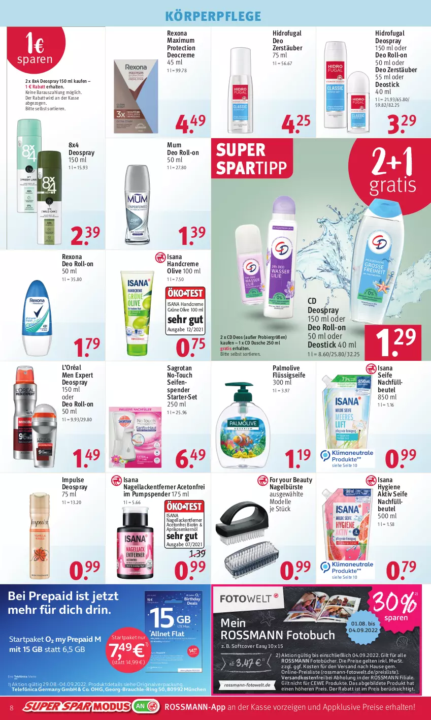 Aktueller Prospekt Rossmann - Prospekte - von 29.08 bis 02.09.2022 - strona 8 - produkty: aceto, aprikose, aprikosen, beutel, bier, bio, buch, bürste, cewe, creme, dell, deo, deo roll-on, Deocreme, deospray, deospray 150 ml, Deostick, dusche, eis, elle, flüssigseife, For Your Beauty, Fotobuch, Germ, gin, handcreme, isana, körperpflege, lack, Lacke, Mode, Nagellack, Nagellackentferner, ndk, oder deo roll-on, olive, palmolive, Rauch, reis, rexona, ring, roll-on, sagrotan, sana, Seife, seifenspender, spartipp, Ti, Tiere, versandkostenfrei, Yo