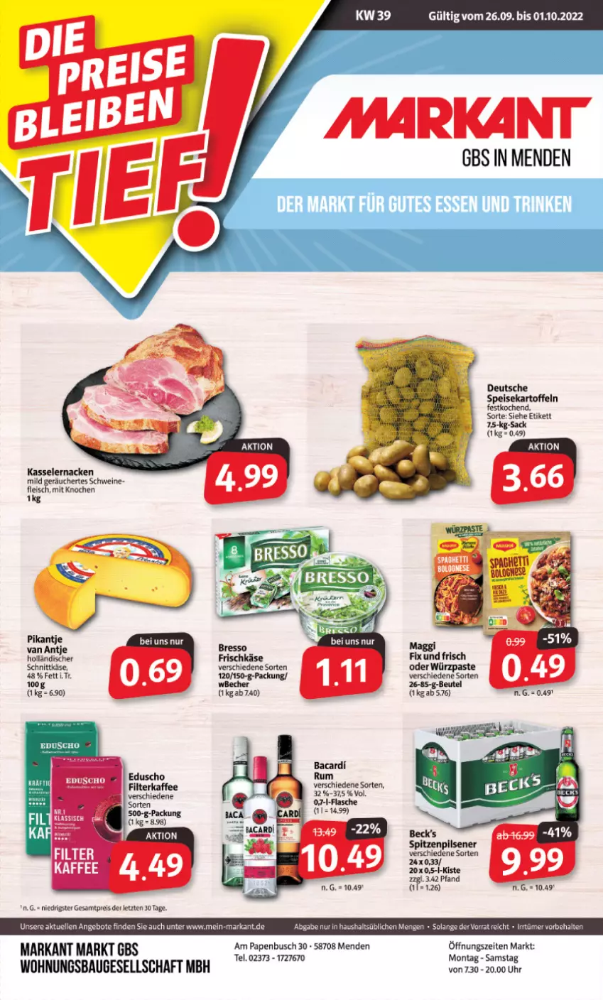 Aktueller Prospekt Markant - Prospekte - von 26.09 bis 01.10.2022 - strona 1 - produkty: angebot, angebote, Bau, Becher, beutel, bresso, eis, elle, fleisch, frischkäse, gutes essen, kartoffel, kartoffeln, Käse, kasseler, maggi, reis, sac, schnittkäse, schwein, schweine, Ti, uhr, wein, weine, ZTE