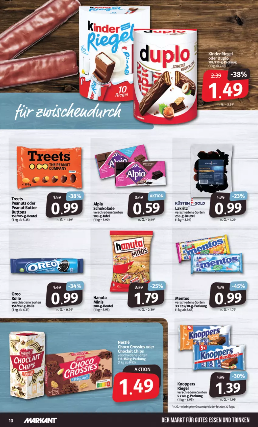 Aktueller Prospekt Markant - Prospekte - von 26.09 bis 01.10.2022 - strona 10 - produkty: alpia, beutel, butter, eis, gutes essen, hanuta, Kinder, kinder riegel, knoppers, Lakritz, mentos, oreo, peanut butter, reis, riegel, schoko, schokolade, ZTE