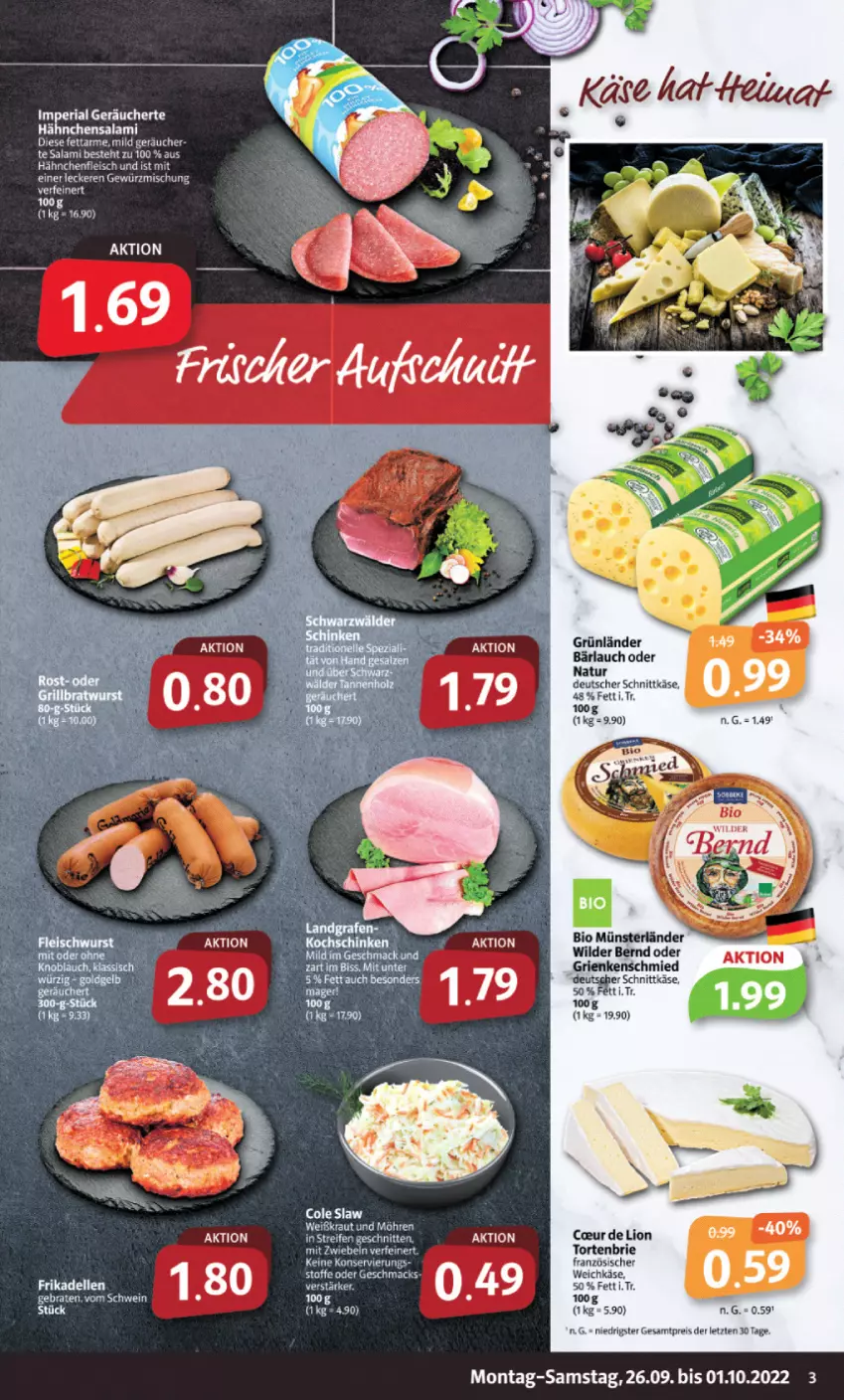 Aktueller Prospekt Markant - Prospekte - von 26.09 bis 01.10.2022 - strona 3 - produkty: bio, braten, brie, dell, deutscher schnittkäse, eier, eis, elle, ente, fleisch, frikadellen, Grienkenschmied, grünländer, Hähnchenfleisch, Käse, lion, mac, mit zwiebeln, natur, reifen, reis, Ria, salami, schnitten, schnittkäse, schwein, tee, Ti, torte, weichkäse, wein, Wild, Wilder Bernd, ZTE, zwiebel, zwiebeln