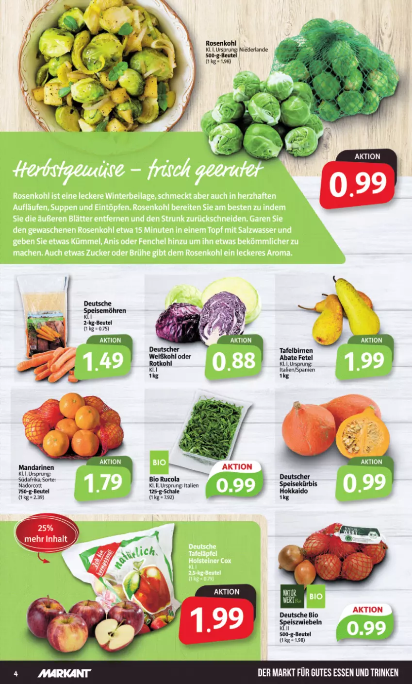 Aktueller Prospekt Markant - Prospekte - von 26.09 bis 01.10.2022 - strona 4 - produkty: beutel, bio, Birnen, eis, gutes essen, Kürbis, mandarine, mandarinen, möhren, rosen, Rosenkohl, speisemöhren, tafelbirnen, Ti