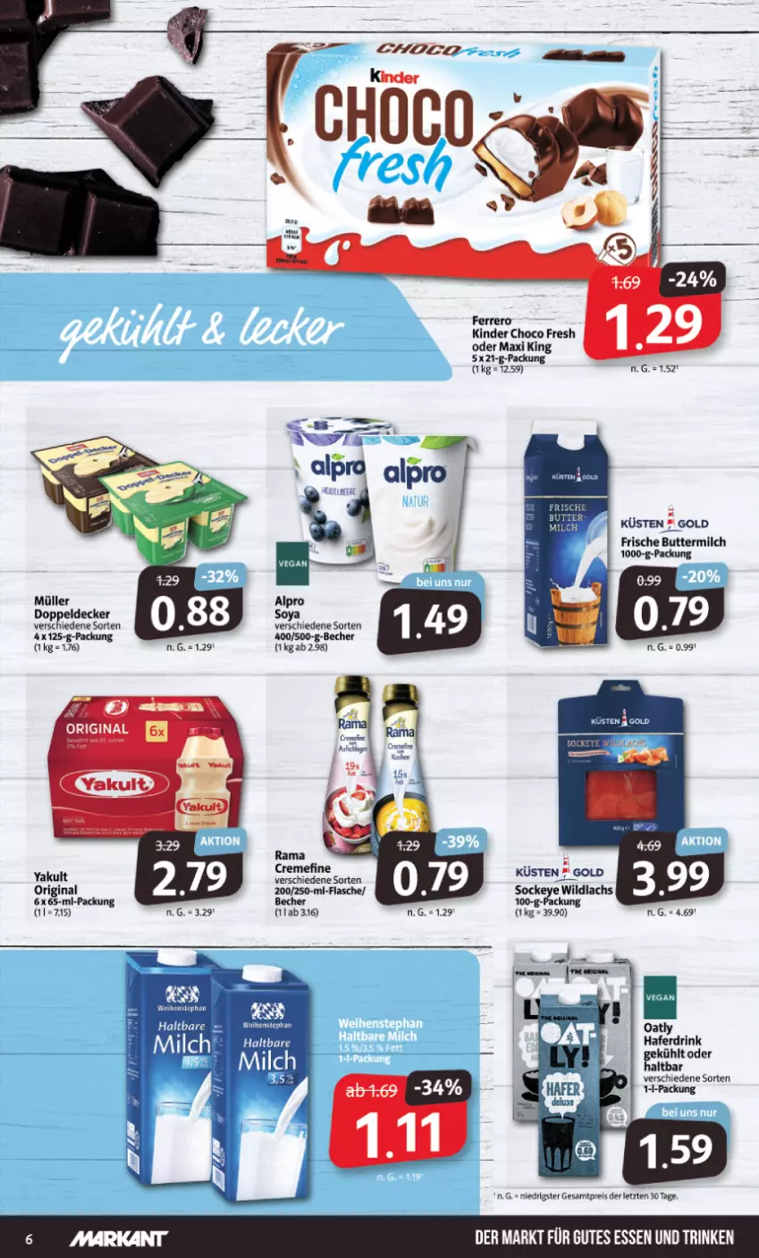 Aktueller Prospekt Markant - Prospekte - von 26.09 bis 01.10.2022 - strona 6 - produkty: Becher, butter, buttermilch, choco fresh, creme, decke, drink, ferrero, flasche, gin, hafer, Haferdrink, Kinder, Kinder Choco fresh, milch, Müller