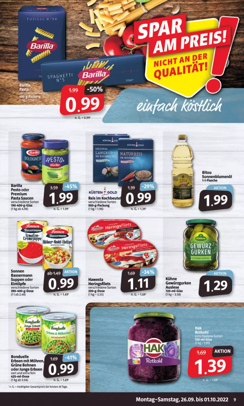 Aktueller Prospekt Markant - Prospekte - von 26.09 bis 01.10.2022 - strona 9 - produkty: barilla, beutel, blume, blumen, blumenöl, bohne, bohnen, bonduelle, eintöpfe, eis, elle, erbsen, filet, filets, flasche, gewürz, Gewürzgurke, gewürzgurken, grüne bohnen, gurke, gurken, hawesta, hering, Herings, heringsfilets, junge erbsen, kochbeutel, Kühne, pasta, Pasta Sauce, pesto, reis, ring, sauce, saucen, sonnenblume, sonnenblumen, sonnenblumenöl, spaghetti, suppe, suppen, Ti, ZTE