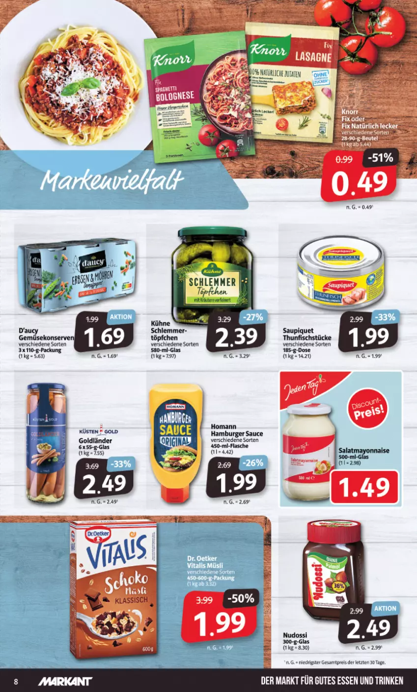 Aktueller Prospekt Markant - Prospekte - von 05.06 bis 10.06.2023 - strona 8 - produkty: burger, Burger Sauce, eis, fisch, Gemüsekonserve, gutes essen, hamburger, homann, lasagne, mayonnaise, reis, salat, sauce, saupiquet, spaghetti, thunfisch, Ti, topf, Töpfchen, Yo, ZTE