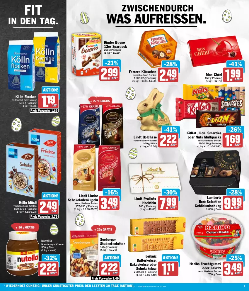 Aktueller Prospekt Hit - Wochenprospekt - von 25.03 bis 30.03.2024 - strona 9 - produkty: Amber, Berger, Blüte, butter, butterkeks, creme, eis, ente, ferrero, Ferrero Küsschen, frucht, fruchtgummi, gebäckmischung, haribo, kakao, keks, kekse, Kinder, kinder bueno, kitkat, kölln, Kugel, Lakritz, lambertz, leibniz, lindor, lindt, lion, Mon Chéri, müsli, nuss, nuss-nougat-creme, nutella, oder lakritz, reis, reiss, schoko, schokolade, schokoladen, seeberger, smarties, studentenfutter, Ti, ZTE