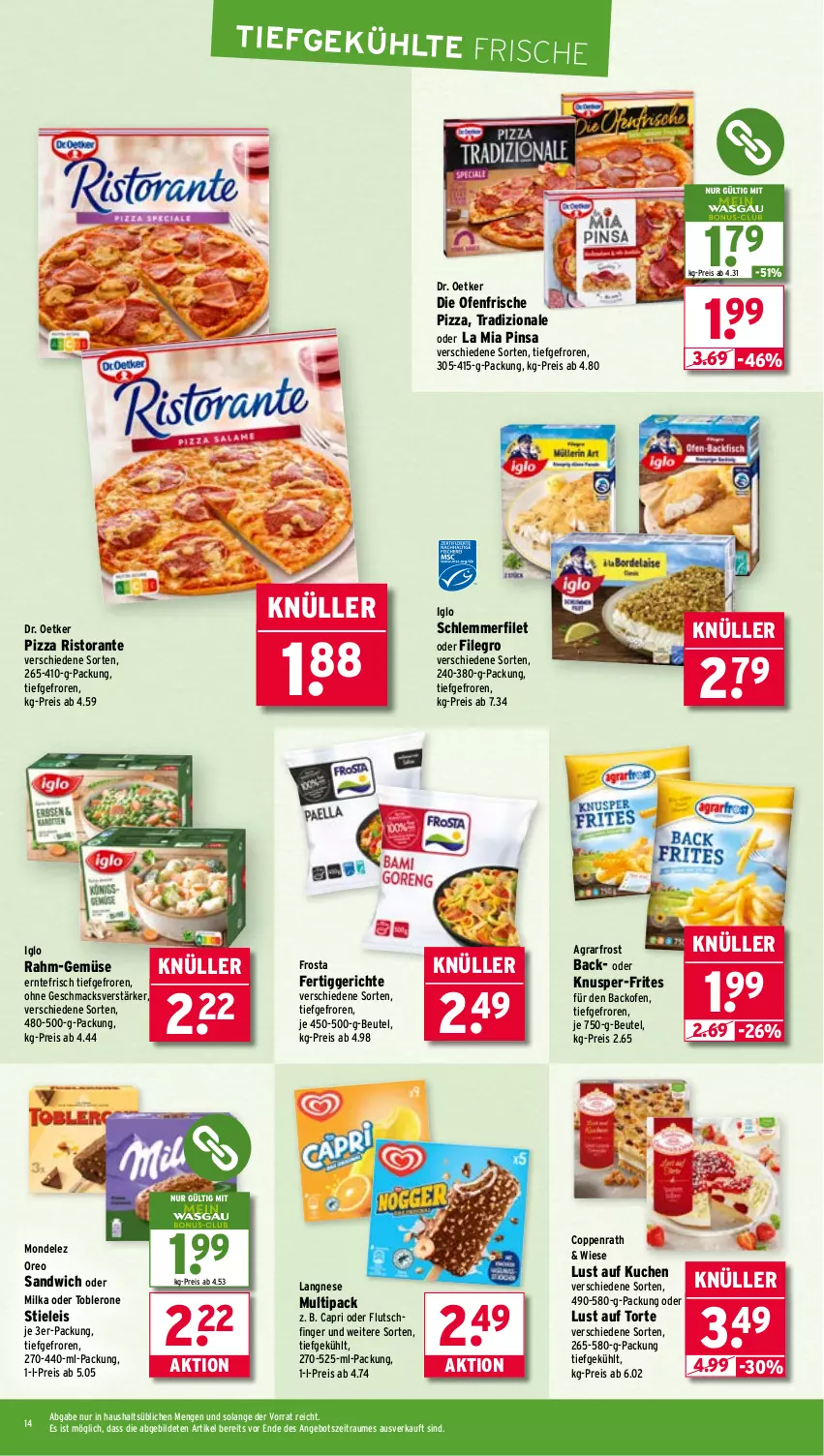 Aktueller Prospekt Wasgau - von 21.07 bis 26.07.2025 - strona 14 - produkty: agrarfrost, angebot, backofen, beutel, Cap, coppenrath, die ofenfrische, Dr. Oetker, eis, fertiggericht, fertiggerichte, filegro, filet, frosta, iglo, kuchen, langnese, Lust auf Kuchen, Lust auf Torte, mac, milka, mondelez, Ofen, oreo, pizza, rahm-gemüse, reis, ristorante, sandwich, stieleis, Ti, toblerone, torte, tradizionale