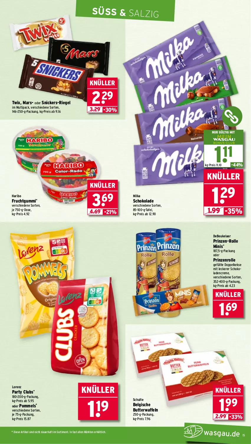 Aktueller Prospekt Wasgau - von 21.07 bis 26.07.2025 - strona 15 - produkty: auer, butter, creme, debeukelaer, Doppelkekse, eis, frucht, fruchtgummi, haribo, keks, kekse, LG, lorenz, mars, milka, milka schokolade, Pommels, prinzenrolle, reis, riegel, salz, schoko, schokolade, schokoladen, snickers, Ti, twix, waffeln