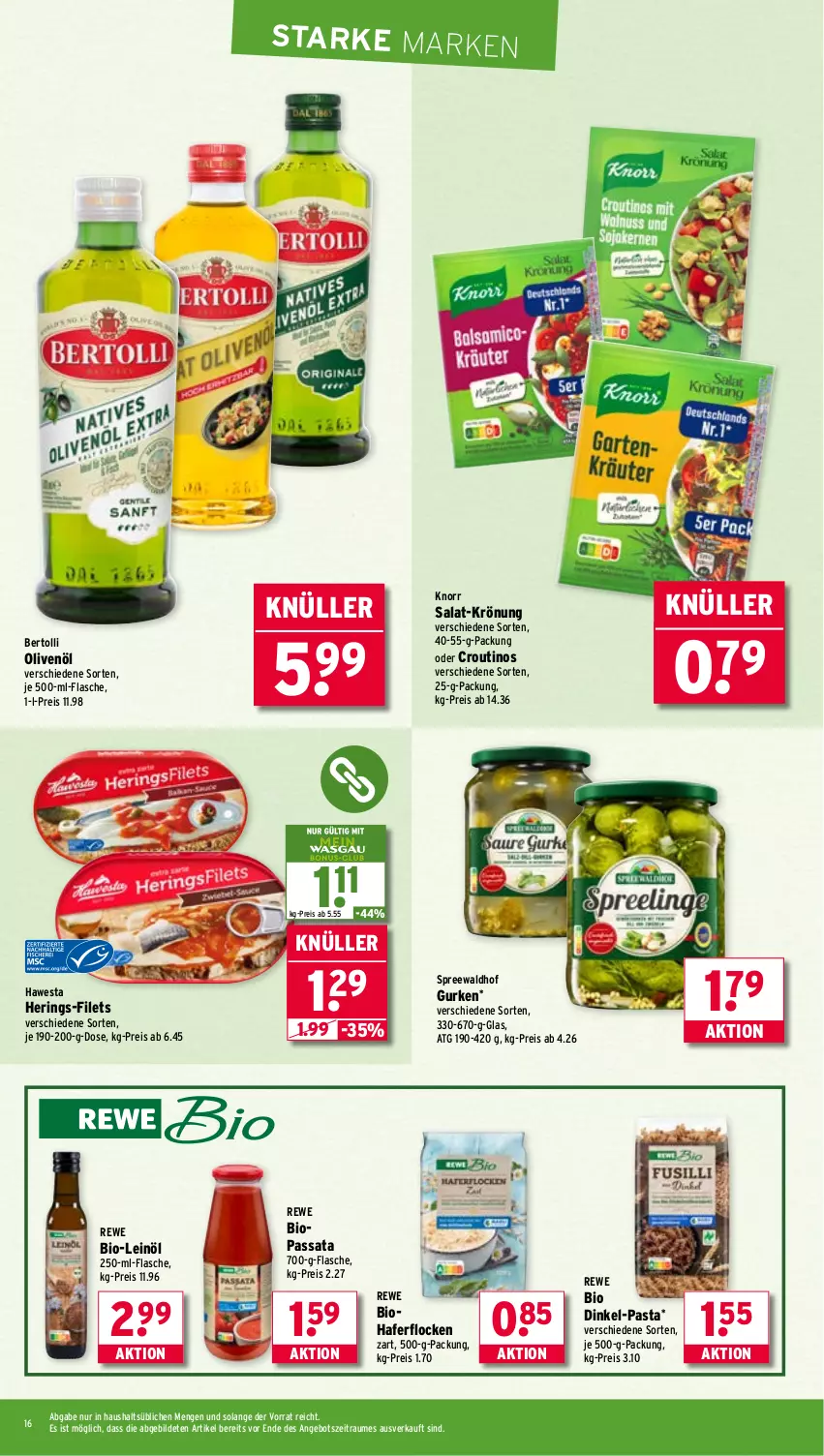 Aktueller Prospekt Wasgau - von 21.07 bis 26.07.2025 - strona 16 - produkty: angebot, bertolli, bio, eis, filet, filets, flasche, gurke, gurken, hafer, haferflocken, hawesta, hering, Herings, je 500-ml-flasche, knorr, leinöl, olive, oliven, olivenöl, pasta, reis, rewe bio, ring, salat, spreewaldhof, Ti