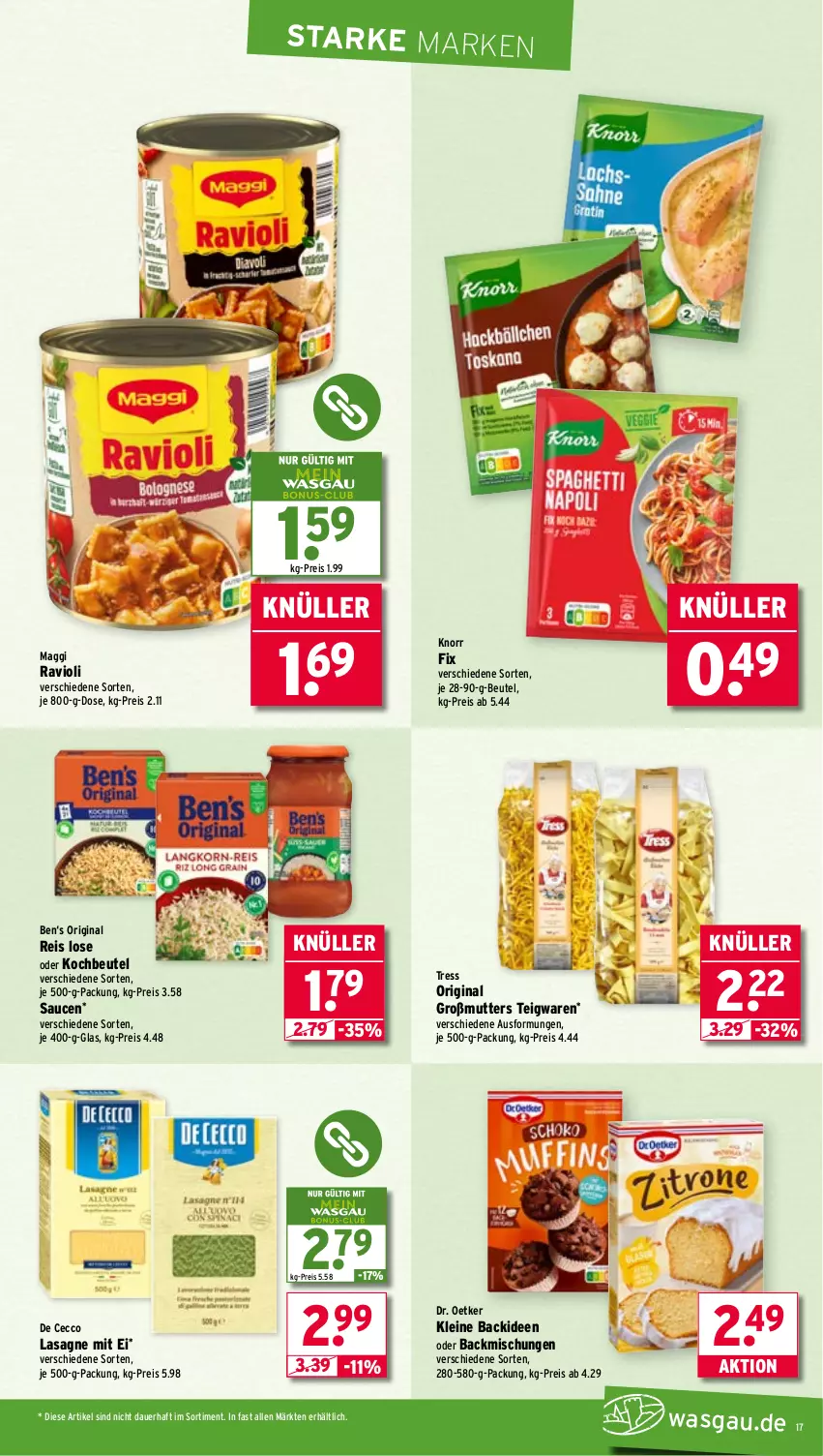 Aktueller Prospekt Wasgau - von 21.07 bis 26.07.2025 - strona 17 - produkty: auer, backmischung, Backmischungen, beutel, De Cecco, Dr. Oetker, ecco, eis, gin, knorr, knorr fix, kochbeutel, lasagne, leine, maggi, ravioli, reis, sauce, saucen, teigwaren, Ti