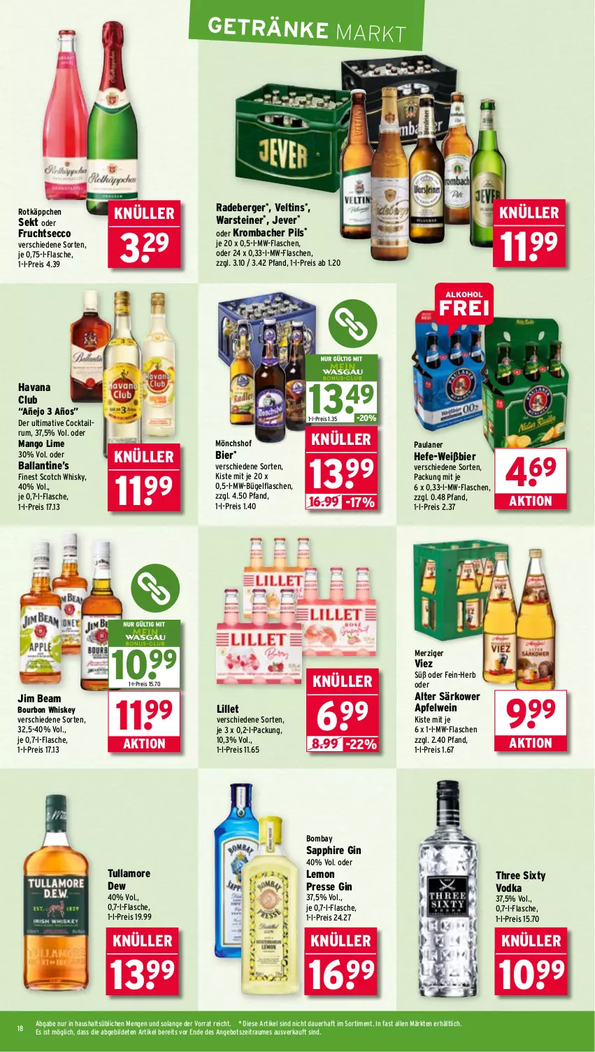 Aktueller Prospekt Wasgau - von 21.07 bis 26.07.2025 - strona 18 - produkty: alkohol, angebot, apfel, apfelwein, auer, ball, Berger, bier, bombay sapphire, bourbon, bourbon whiskey, bügel, bügelflasche, cocktail, ecco, eis, flasche, frucht, fruchtsecco, getränk, getränke, gin, Havana Club, Hefe, jever, jim beam, krombache, krombacher, krombacher pils, lillet, mango, mönchshof, mw-flasche, Paula, paulaner, pils, radeberger, reis, rotkäppchen, rum, sapphire, scotch, scotch whisky, sekt, steiner, Three Sixty, Ti, tullamore, tullamore dew, veltins, vodka, warsteiner, wein, whiskey, whisky