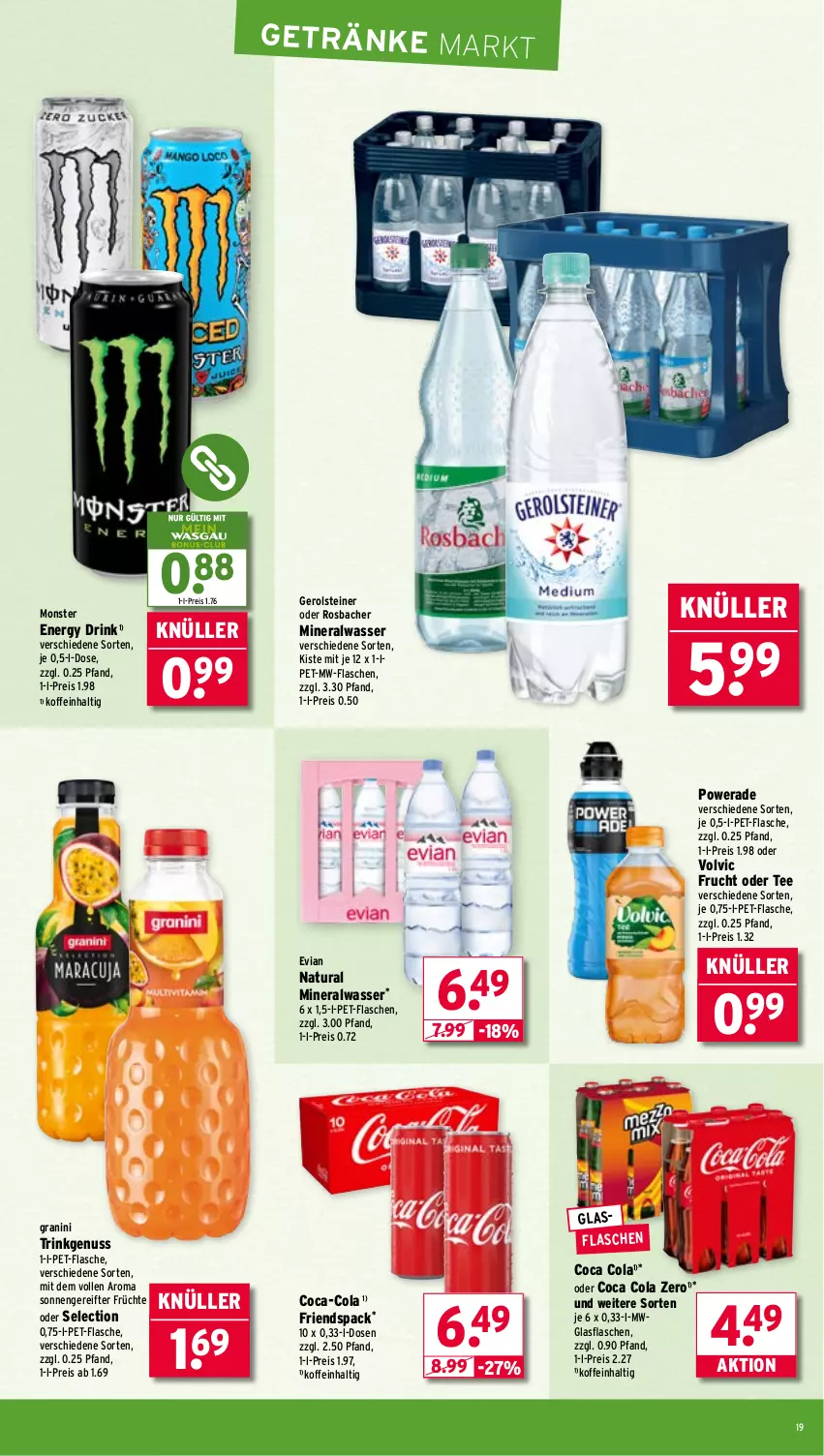 Aktueller Prospekt Wasgau - von 21.07 bis 26.07.2025 - strona 19 - produkty: Alwa, coca-cola, cola, drink, eis, energy drink, flasche, frucht, früchte, gerolsteine, gerolsteiner, getränk, getränke, glasflasche, granini, mineralwasser, monster, Monster Energy, mw-flasche, natur, natura, nuss, pet-flasche, pet-flaschen, reis, steiner, tee, Ti, volvic, wasser