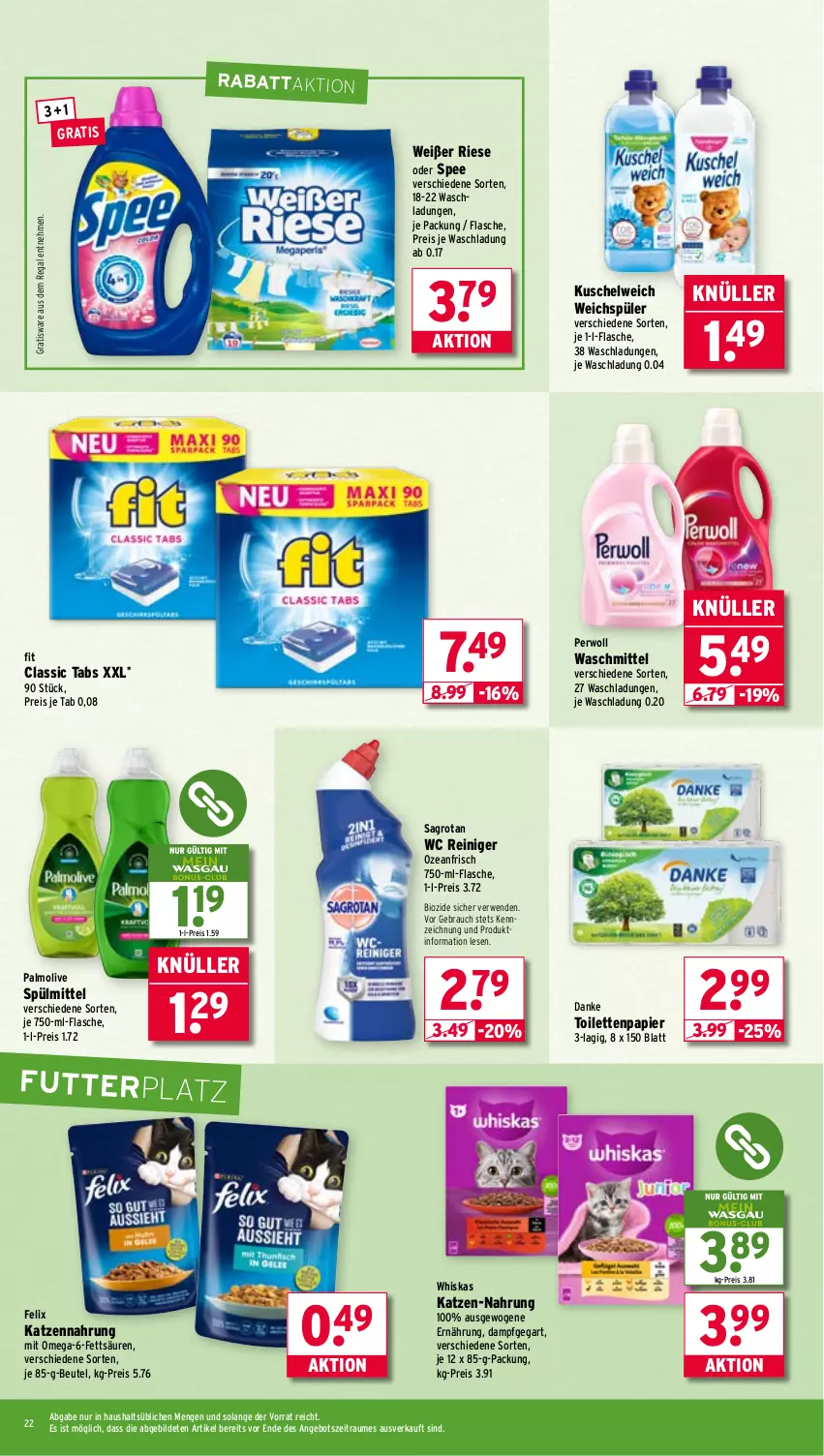 Aktueller Prospekt Wasgau - von 21.07 bis 26.07.2025 - strona 22 - produkty: angebot, beutel, bio, eis, felix, flasche, katzennahrung, Kuschelweich, olive, omega, palmolive, papier, perwoll, Rauch, regal, reiniger, reis, rwe, sagrotan, spee, spülmittel, Ti, toilettenpapier, waschmittel, weichspüler, whiskas