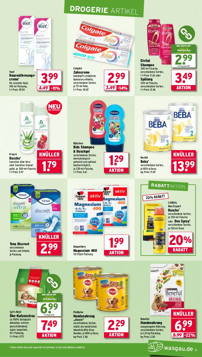Aktueller Prospekt Wasgau - von 21.07 bis 26.07.2025 - strona 23 - produkty: Abba, aloe vera, apfel, auer, Bau, Beba, binden, bio, bübchen, colgate, creme, deo, deo spray, Discreet, doppelherz, dusche, duschgel, eis, elvital, flasche, Frosch, grana, granatapfel, Haarentfernung, hundenahrung, Katzenstreu, LG, magnesium, magnesium 400, nestlé, pedigree, Rana, reis, shampoo, spülung, Ti, veet, vita, zahncreme