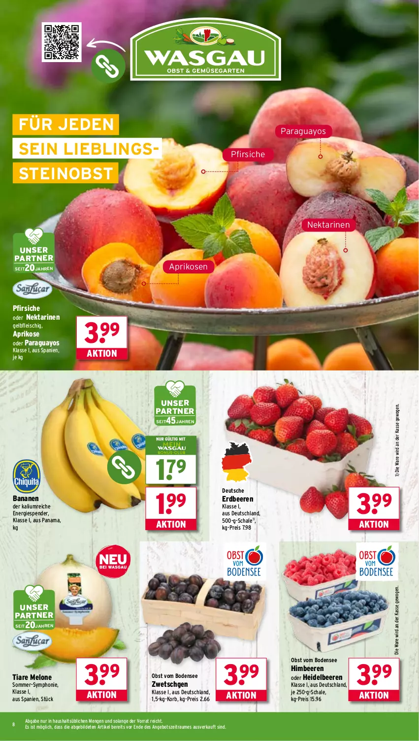Aktueller Prospekt Wasgau - von 21.07 bis 26.07.2025 - strona 8 - produkty: angebot, aprikose, aprikosen, banane, bananen, beere, beeren, eis, erdbeere, erdbeeren, fleisch, heidelbeere, heidelbeeren, himbeer, himbeere, himbeeren, korb, melone, Nektar, nektarinen, obst, paraguayos, pfirsich, pfirsiche, pfirsiche oder, reis, Schal, Schale, Ti, Yo