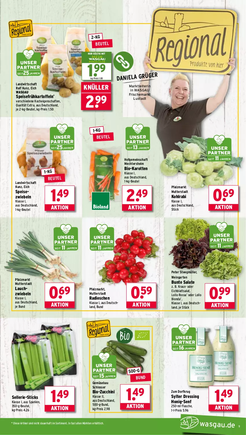 Aktueller Prospekt Wasgau - von 21.07 bis 26.07.2025 - strona 9 - produkty: auer, Bau, beutel, bio, bio-karotten, bio-zucchini, bunte salate, dressing, Eichblattsalat, eis, elle, flasche, Frühkartoffeln, Garten, honig, Honig-Senf, karotten, kartoffel, kartoffeln, kohlrabi, Lauchzwiebel, lauchzwiebeln, Müller, radieschen, reis, salat, salate, senf, speisefrühkartoffeln, Speisezwiebeln, Sylter, tee, Ti, wein, zucchini, Zum Dorfkrug, zwiebel, zwiebeln