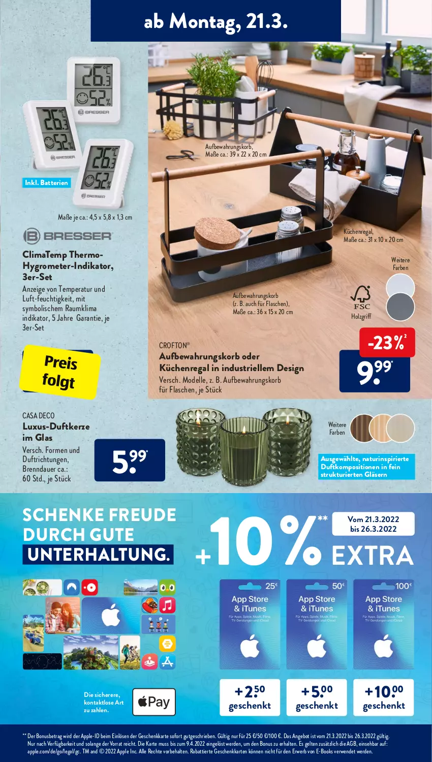 Aktueller Prospekt AldiSud - ALDI Aktuell - von 21.03 bis 26.03.2022 - strona 5 - produkty: angebot, Apple, auer, batterie, batterien, casa deco, Crofton, crofton®, dell, Duftkerze, eis, elle, erde, flasche, Gläser, Grom, Holz, Hygrometer, kerze, korb, küche, Küchen, Küchenregal, LG, Mode, natur, regal, reis, rwe, Ti, usb