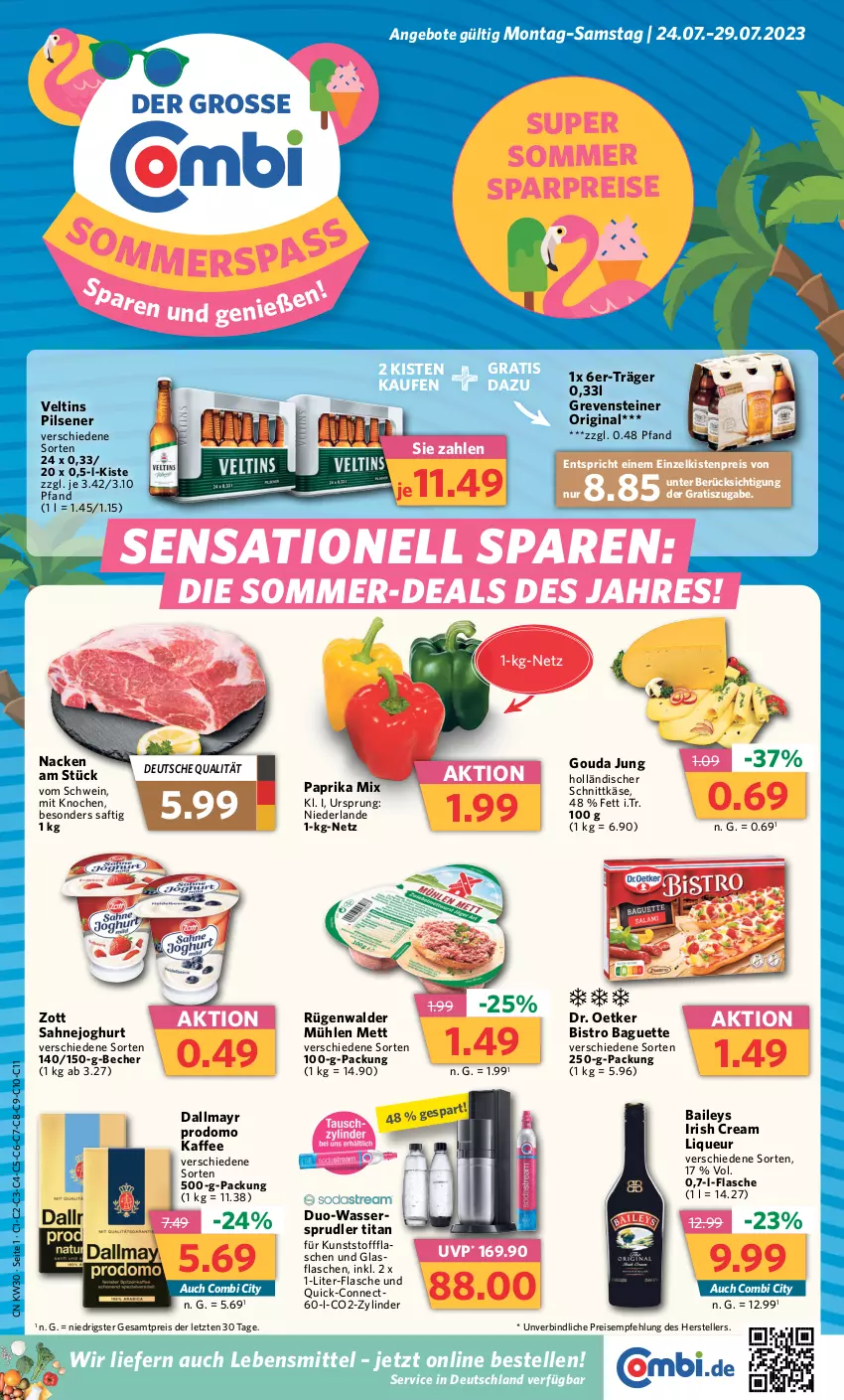 Aktueller Prospekt Combi - Prospekte - von 24.07 bis 29.07.2023 - strona 1 - produkty: angebot, angebote, baguette, baileys, Becher, Bistro Baguette, dallmayr, dallmayr prodomo, Dr. Oetker, eis, elle, flasche, gin, glasflasche, gouda, gouda jung, grevensteiner, holländischer schnittkäse, irish cream, joghur, joghurt, kaffee, Käse, lebensmittel, liqueur, Mett, paprika, paprika mix, pils, pilsener, prodomo, reis, rügenwalder, rügenwalder mühle, saft, sahne, Sahnejoghurt, schnittkäse, schwein, steiner, teller, Ti, veltins, veltins pilsener, wasser, wassersprudler, wein, zott, ZTE