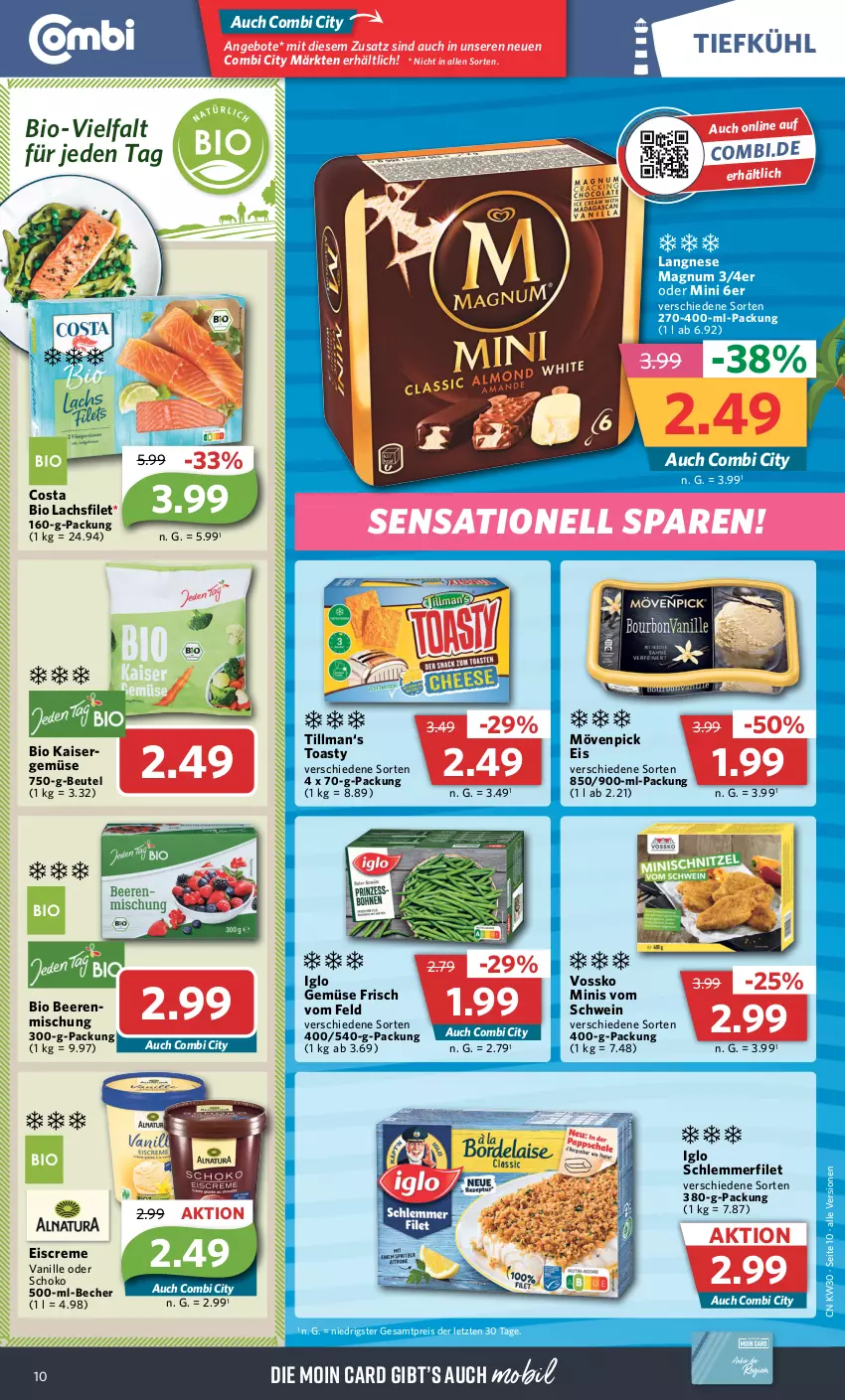 Aktueller Prospekt Combi - Prospekte - von 24.07 bis 29.07.2023 - strona 10 - produkty: angebot, angebote, Becher, beere, beeren, beutel, bio, creme, eis, eiscreme, filet, iglo, Kaiser, Kaisergemüse, lachs, lachsfilet, langnese, magnum, mövenpick, mövenpick eis, reis, schlemmerfilet, schoko, schwein, Ti, toast, toasty, vanille, vossko, wein, ZTE