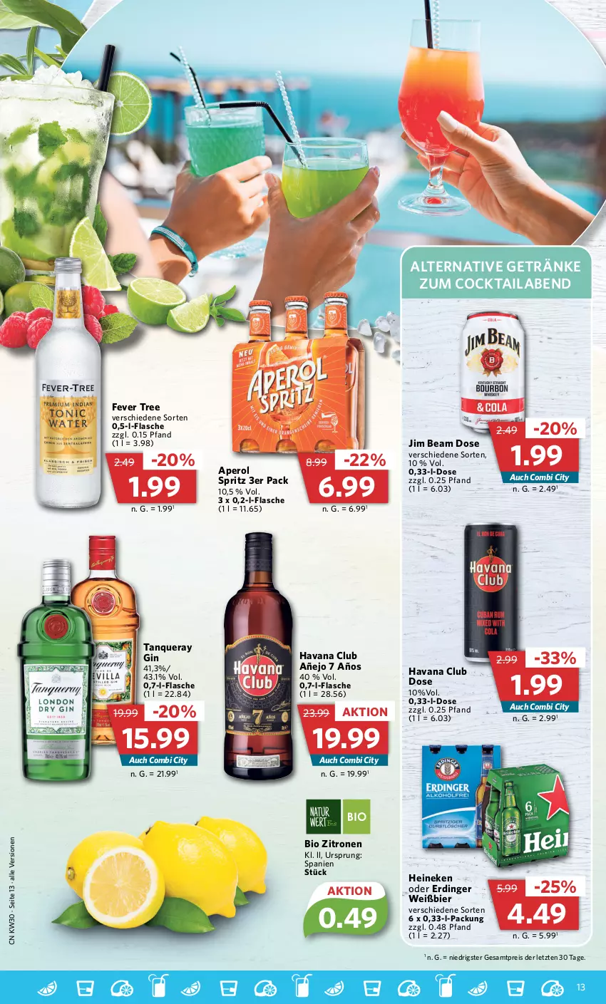 Aktueller Prospekt Combi - Prospekte - von 24.07 bis 29.07.2023 - strona 13 - produkty: aperol, bier, bio, cocktail, eis, erdinger, flasche, getränk, getränke, gin, Havana Club, heineken, jim beam, reis, Tanqueray, Ti, zitrone, zitronen, ZTE