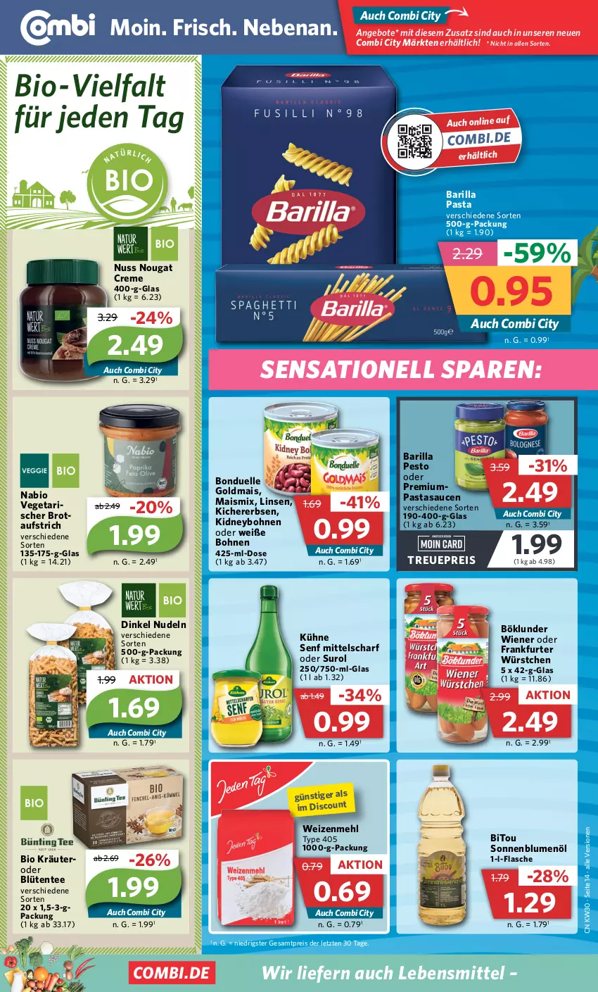 Aktueller Prospekt Combi - Prospekte - von 24.07 bis 29.07.2023 - strona 14 - produkty: angebot, angebote, aufstrich, barilla, bio, blume, blumen, blumenöl, Blüte, bohne, bohnen, böklunder, bonduelle, bonduelle goldmais, brot, brotaufstrich, creme, discount, eis, elle, erbsen, flasche, frankfurter, Goldmais, kichererbsen, kidney, kräuter, Kühne, kühne senf, lebensmittel, linsen, mais, mehl, nougat creme, nudel, nudeln, nuss, pasta, pesto, reis, sauce, saucen, senf, sonnenblume, sonnenblumen, sonnenblumenöl, tee, Ti, type 405, Vegeta, Weiße Bohnen, weizenmehl, wiener, würstchen, ZTE