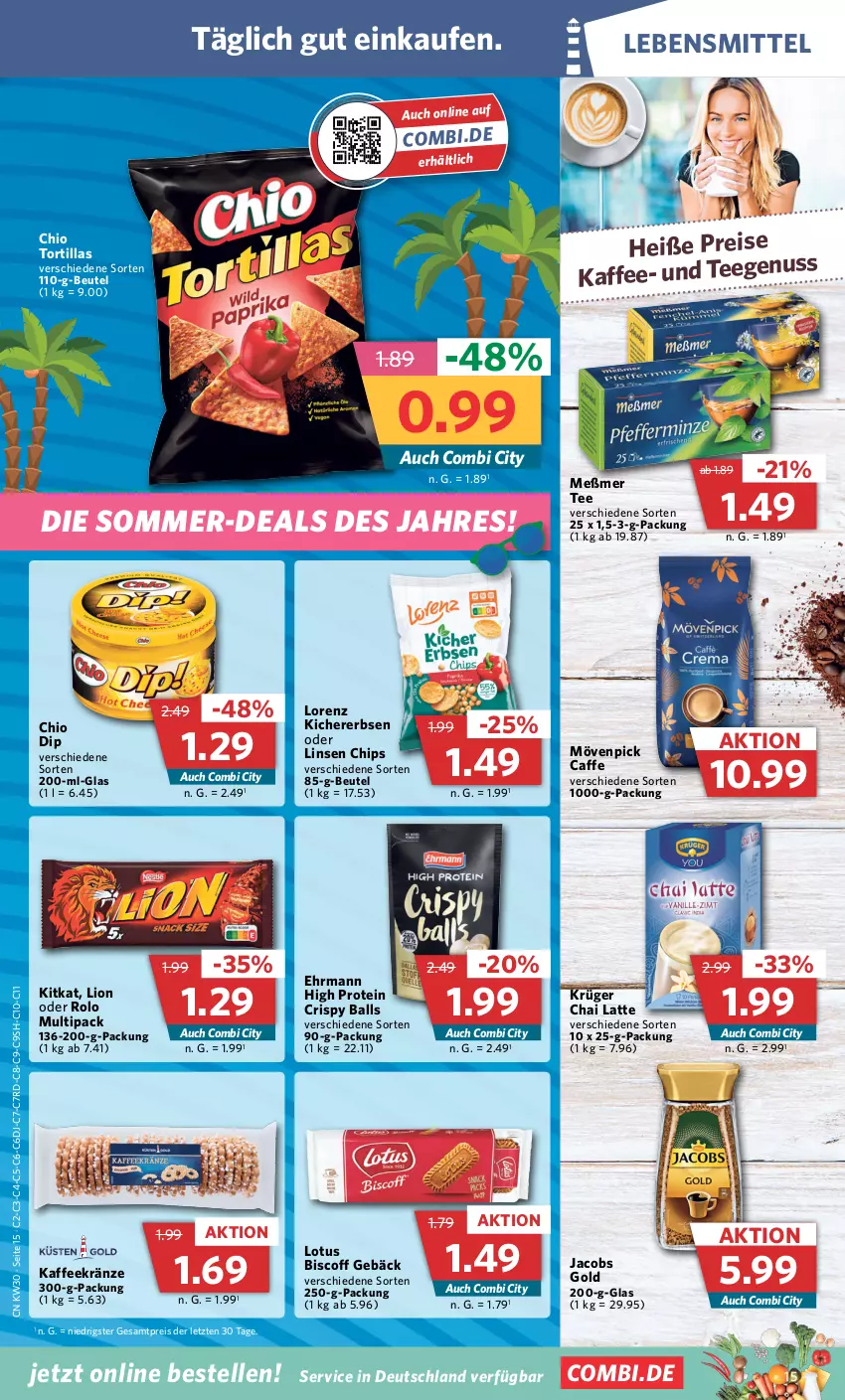 Aktueller Prospekt Combi - Prospekte - von 24.07 bis 29.07.2023 - strona 15 - produkty: ball, beutel, biscoff, caffe, chips, dip, ehrmann, eis, elle, erbsen, jacobs, Jacobs Gold, kaffee, kichererbsen, kitkat, krüger, latte, lebensmittel, linsen, lion, lorenz, Meßmer, mövenpick, nuss, reis, tee, Ti, tortilla, tortillas, ZTE