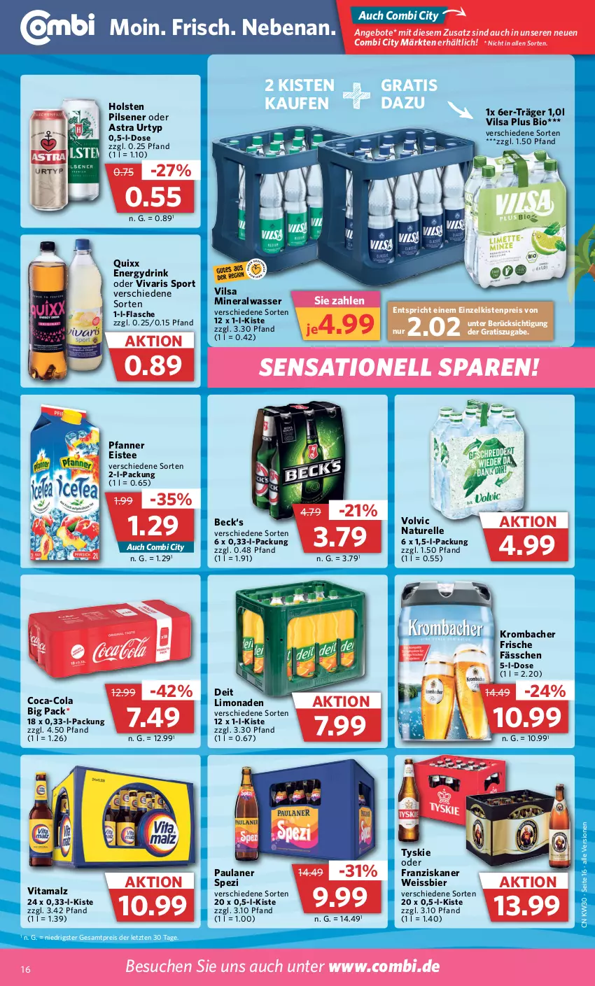 Aktueller Prospekt Combi - Prospekte - von 24.07 bis 29.07.2023 - strona 16 - produkty: Alwa, angebot, angebote, Astra, bier, bio, coca-cola, cola, deit, drink, eis, eistee, elle, flasche, franziskaner, holsten, holsten pilsener, krombache, krombacher, limo, limonade, limonaden, malz, mineralwasser, natur, Paula, paulaner, pfanne, Pfanner, pils, pilsener, Quixx, reis, rel, Spezi, Sport, tee, Ti, tyskie, urtyp, vilsa, vita, vitamalz, Vivaris, volvic, wasser, weissbier, ZTE