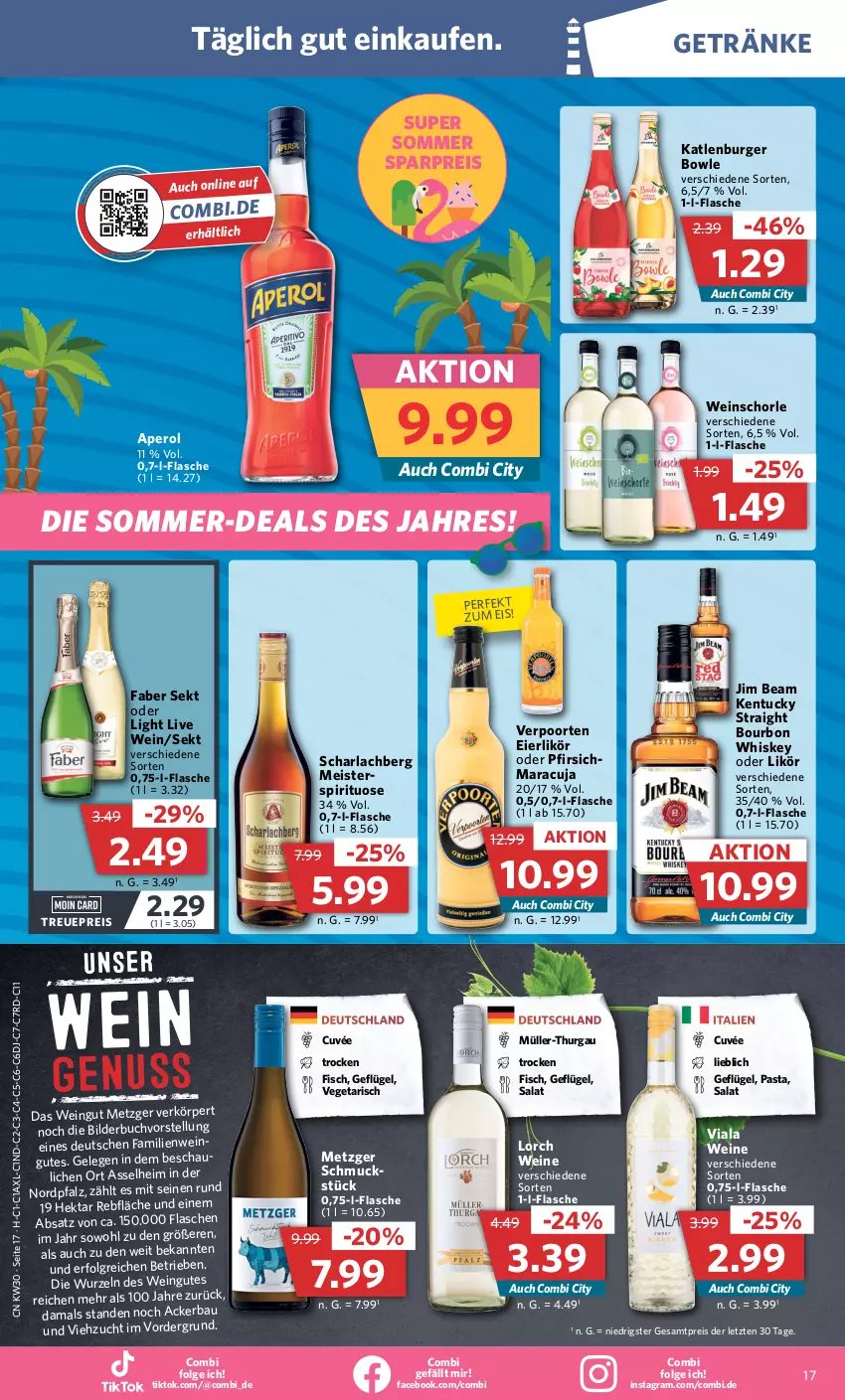 Aktueller Prospekt Combi - Prospekte - von 24.07 bis 29.07.2023 - strona 17 - produkty: aperol, arla, Bau, bourbon, bourbon whiskey, bowle, buch, burger, cuvée, eier, eierlikör, eis, fisch, flasche, Geflügel, getränk, getränke, jim beam, katlenburger, kentucky straight, LG, likör, maracuja, Meister, Müller, Müller-Thurgau, pasta, pfirsich, reis, salat, Schmuck, schorle, sekt, Ti, tuc, Vegeta, verpoorten, wein, weine, weinschorle, whiskey, ZTE