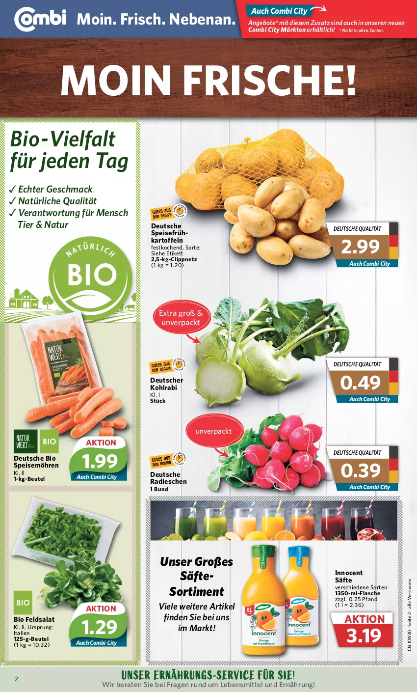 Aktueller Prospekt Combi - Prospekte - von 24.07 bis 29.07.2023 - strona 2 - produkty: angebot, angebote, beutel, bio, eis, feldsalat, flasche, Innocent, kartoffel, kartoffeln, kohlrabi, lebensmittel, mac, möhren, natur, radieschen, säfte, salat, speisemöhren, Ti