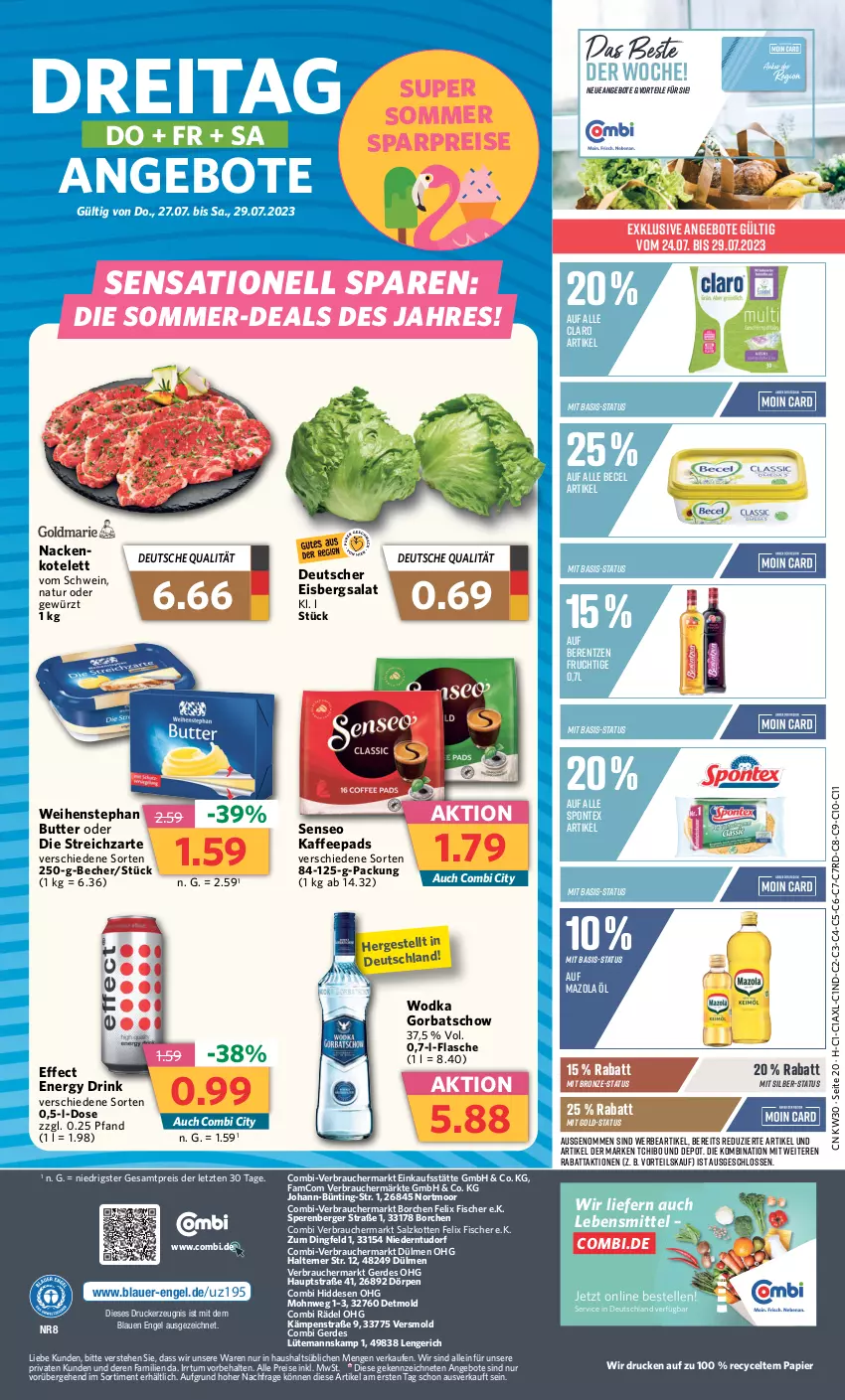 Aktueller Prospekt Combi - Prospekte - von 24.07 bis 29.07.2023 - strona 20 - produkty: angebot, angebote, auer, becel, Becher, berentzen, Berger, butter, drink, drucker, Effect, eis, eisbergsalat, elle, energy drink, Engel, erde, felix, fisch, fische, Fischer, flasche, frucht, gewürz, Gorbatschow, kaffee, kaffeepads, kerze, kotelett, lebensmittel, mazola, natur, papier, Rauch, reis, salat, salz, schwein, senseo, spontex, Streichzart, Tchibo, Ti, weihenstephan, wein, wodka, ZTE