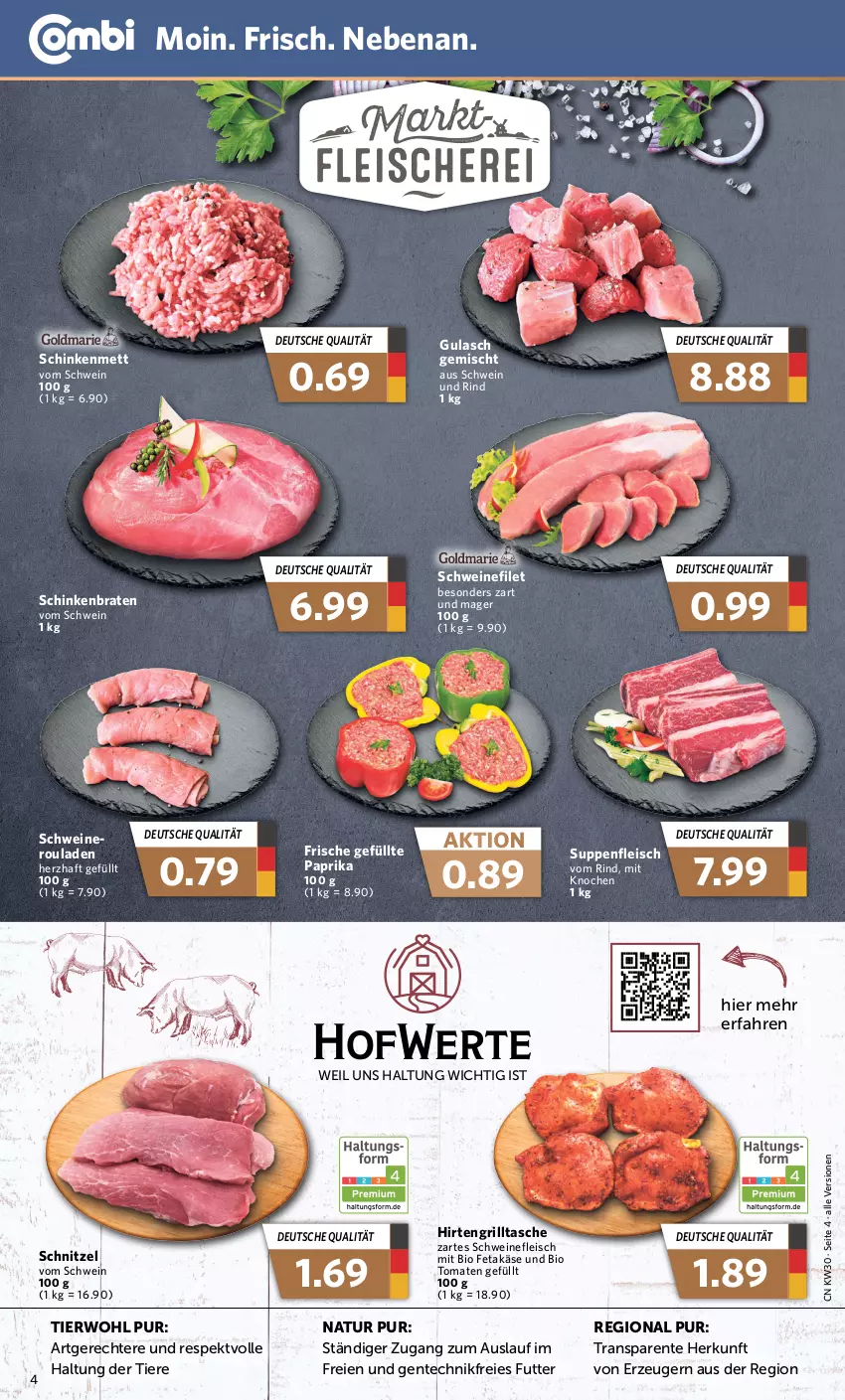 Aktueller Prospekt Combi - Prospekte - von 24.07 bis 29.07.2023 - strona 4 - produkty: bio, braten, eis, ente, feta, filet, fleisch, grill, gulasch, Käse, Mett, natur, paprika, rind, rouladen, schinken, schinkenbraten, schnitzel, schwein, schwein und rind, schweine, schweinefilet, schweinefleisch, suppe, suppen, suppenfleisch, Tasche, Ti, Tiere, tomate, tomaten, wein, weine