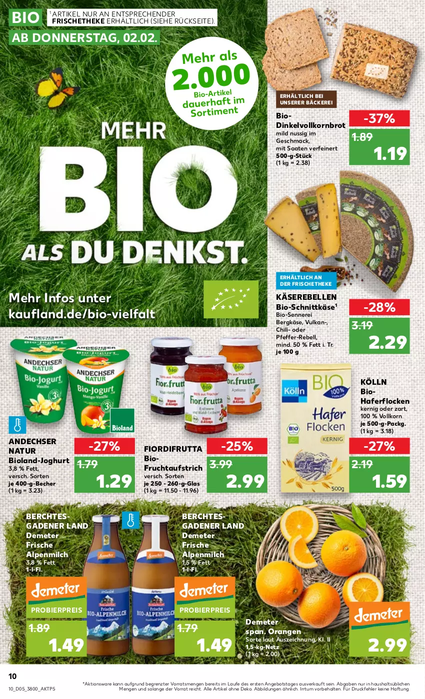 Aktueller Prospekt Kaufland - von 02.02 bis 08.02.2023 - strona 10 - produkty: alpenmilch, andechser natur, angebot, aufstrich, Becher, Bergkäse, bier, bio, bioland, brot, chili, eis, elle, frucht, fruchtaufstrich, hafer, haferflocken, joghur, joghurt, Käse, Käserebellen, kölln, korn, Kornbrot, mac, milch, natur, nuss, orange, orangen, pfeffer, rebell, reis, schnittkäse, Ti, vollkornbrot, ZTE