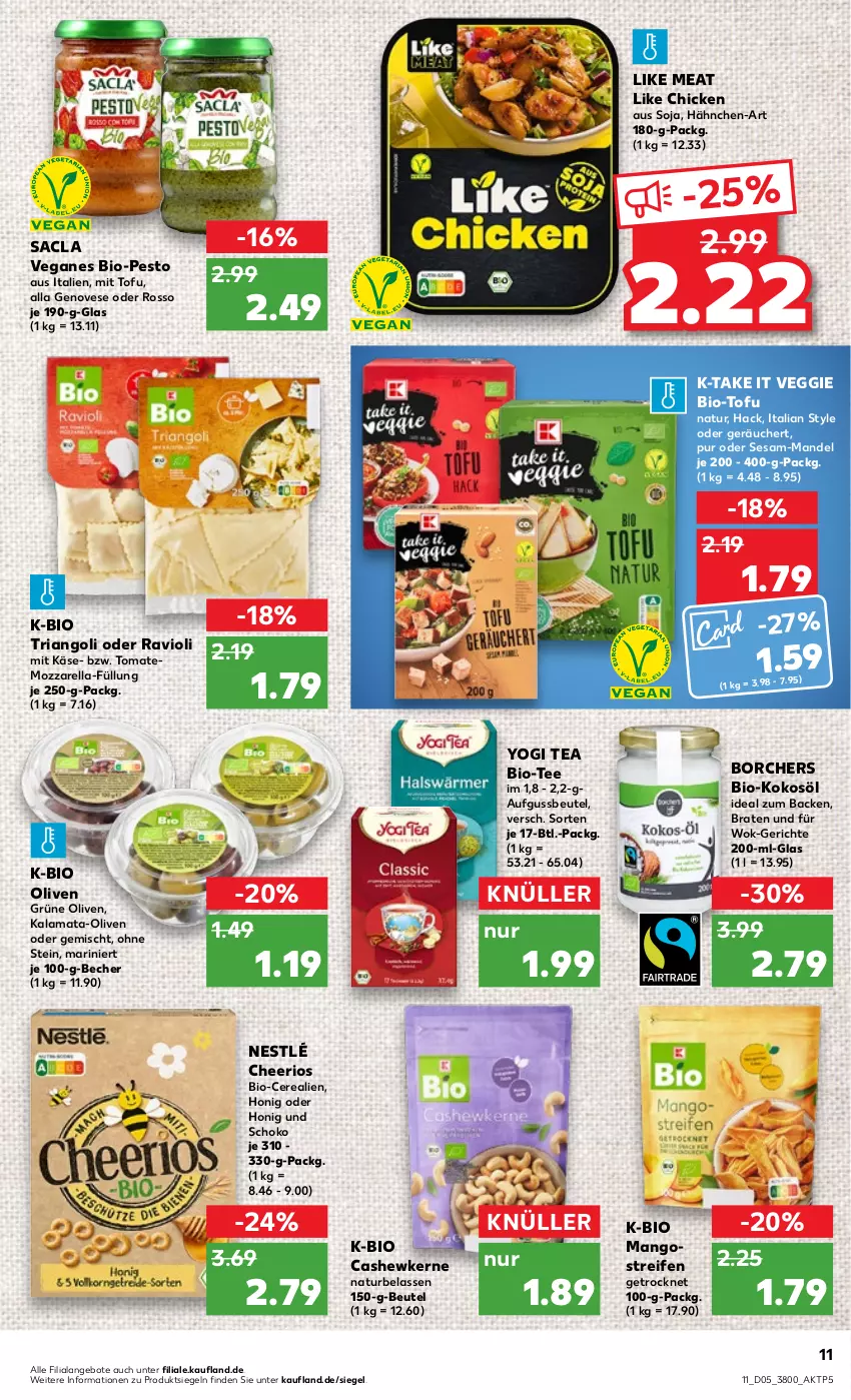 Aktueller Prospekt Kaufland - von 02.02 bis 08.02.2023 - strona 11 - produkty: angebot, angebote, Becher, beutel, bio, braten, Cashew, cashewkerne, cerealien, genovese, grüne oliven, honig, Käse, kokos, kokosöl, Like Meat, mandel, mango, mangos, mozzarella, natur, nestlé, olive, oliven, pesto, ravioli, reifen, rel, Ria, sac, schoko, sesam, soja, tee, Ti, Tofu, tomate, veggie, wok, Yo