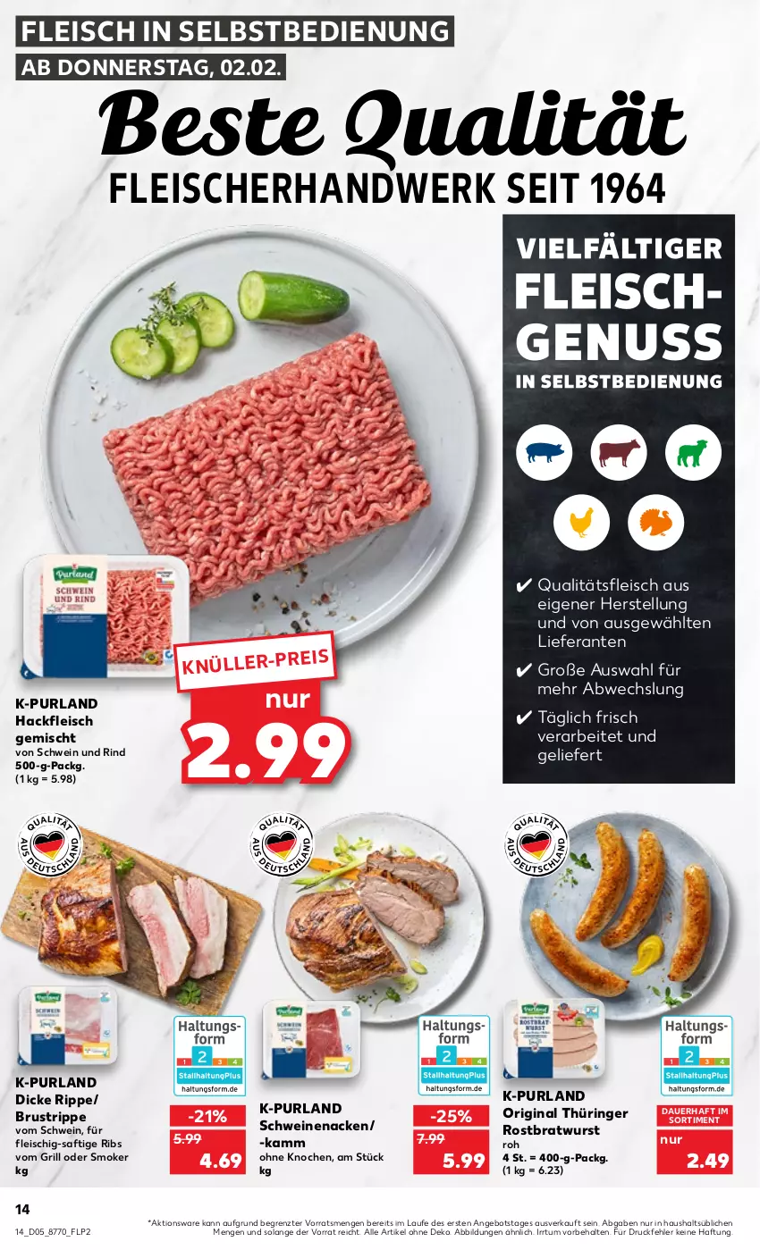 Aktueller Prospekt Kaufland - von 02.02 bis 08.02.2023 - strona 14 - produkty: angebot, auer, bratwurst, eis, fleisch, fleisch in selbstbedienung, gin, grill, hackfleisch, hackfleisch gemischt, original thüringer, purland, rind, ring, rostbratwurst, saft, schwein, schwein und rind, schweine, schweinenacken, thüringer rostbratwurst, Ti, wein, weine, wurst, ZTE