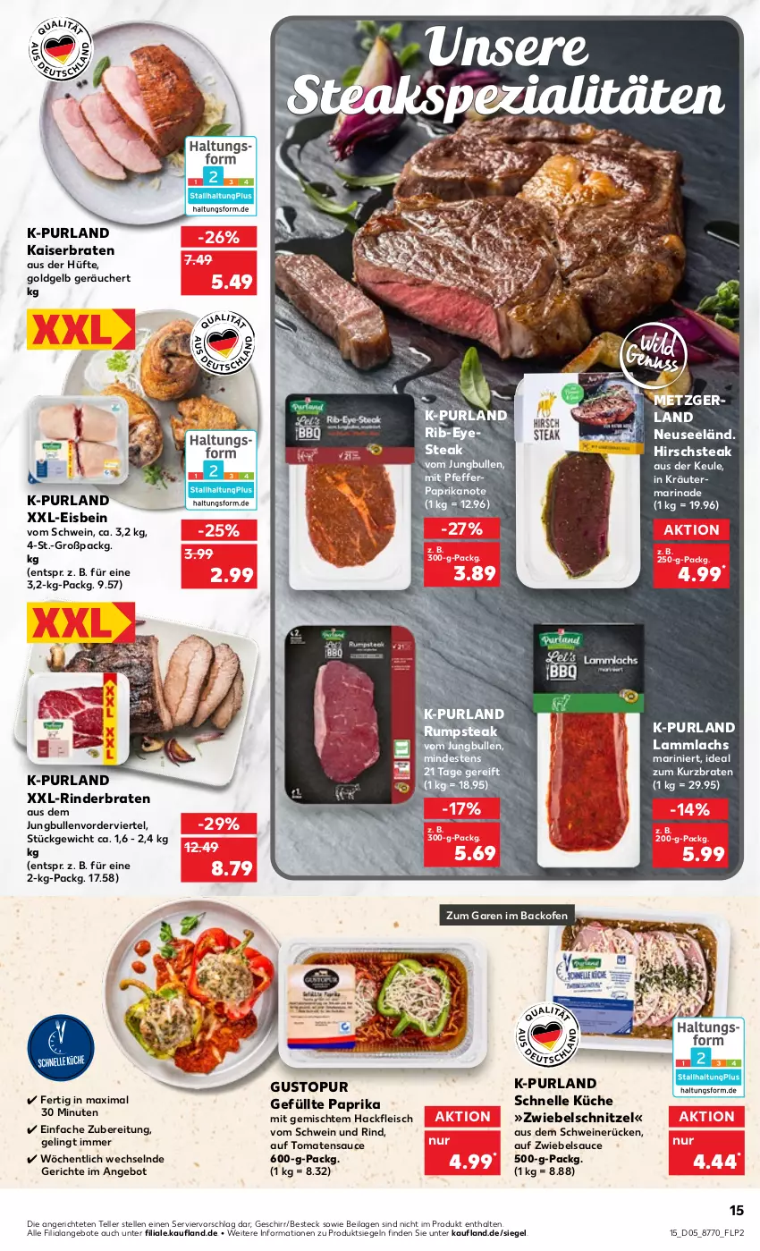 Aktueller Prospekt Kaufland - von 02.02 bis 08.02.2023 - strona 15 - produkty: angebot, angebote, backofen, besteck, braten, eis, elle, fleisch, geschirr, hackfleisch, ilag, jungbullen, Kaiser, kräuter, küche, lachs, lamm, marinade, Ofen, paprika, pfeffer, purland, rind, rinder, rinderbraten, rum, rumpsteak, sauce, schnitzel, schwein, schwein und rind, schweine, schweinerücken, Spezi, steak, steaks, teller, Ti, tomate, tomaten, tomatensauce, vom schwein und rind, wein, weine, zwiebel