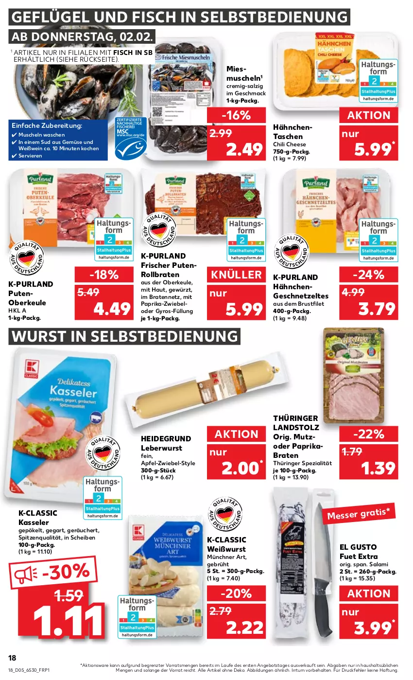 Aktueller Prospekt Kaufland - von 02.02 bis 08.02.2023 - strona 18 - produkty: angebot, apfel, braten, brustfilet, chili, filet, fisch, Geflügel, geschnetzeltes, gewürz, gyros, Hähnchengeschnetzeltes, kasseler, leberwurst, mac, messer, mit paprika, Muscheln, paprika, purland, pute, Putenoberkeule, Putenrollbraten, ring, rollbraten, salami, salz, Spezi, spitzenqualität, Tasche, taschen, Ti, wein, Weißwein, Weißwurst, wurst, wurst in selbstbedienung, Zelt, ZTE, zwiebel