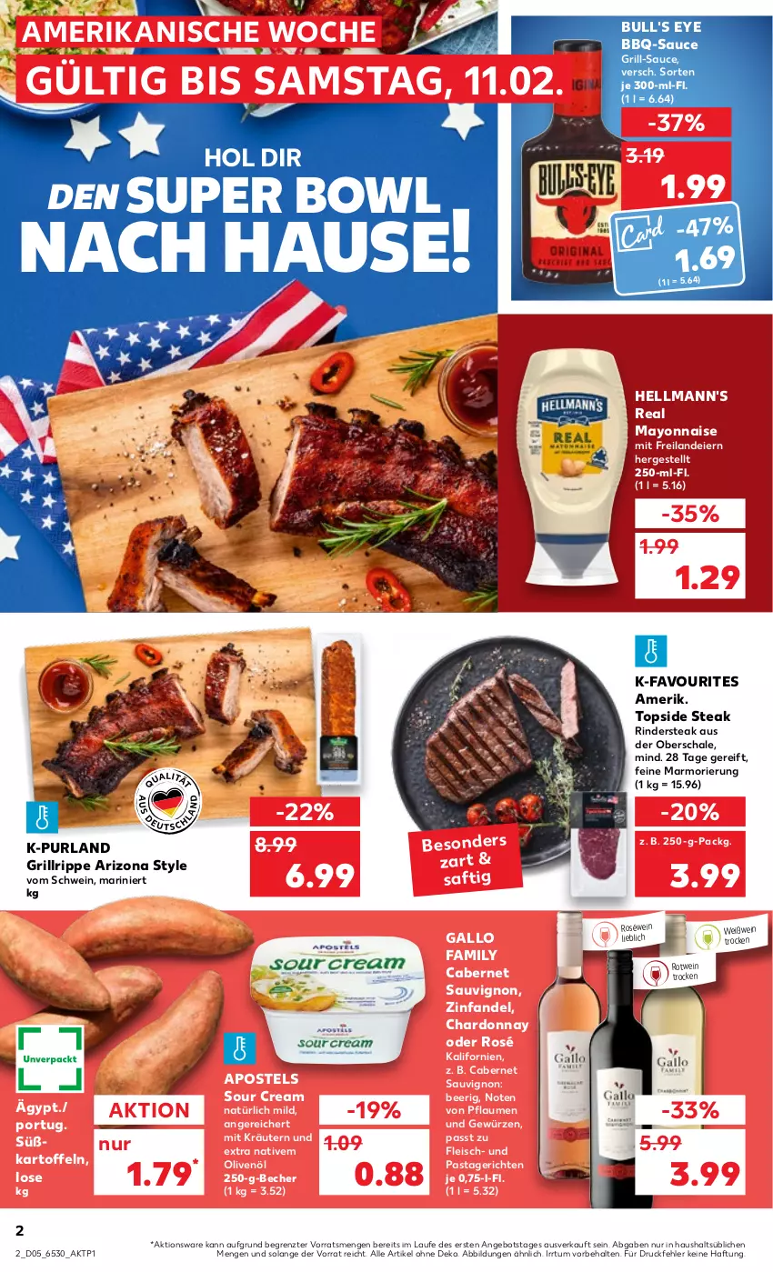 Aktueller Prospekt Kaufland - von 02.02 bis 08.02.2023 - strona 2 - produkty: angebot, apostels, bbq-sauce, Becher, cabernet, cabernet sauvignon, chardonnay, eier, eis, fleisch, gallo, gallo family, gewürz, grill, grillrippe, Hellmann's, kartoffel, kartoffeln, kräuter, kräutern, mayonnaise, olive, oliven, olivenöl, pasta, Pastagericht, pflaume, pflaumen, purland, rind, rinder, Rindersteak, roséwein, rotwein, saft, sauce, sauvignon, Schal, Schale, schwein, sour cream, steak, Süßkartoffeln, Ti, wein, Weißwein, Yo, ZTE