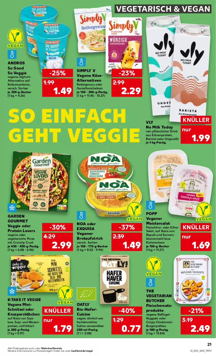 Aktueller Prospekt Kaufland - von 02.02 bis 08.02.2023 - strona 21 - produkty: angebot, angebote, aufstrich, Becher, bio, blume, blumen, brot, brotaufstrich, burger, drink, eis, erbsen, exquisa, fleisch, garden gourmet, hafer, joghur, joghurt, Käse, kichererbsen, kokos, kokosnuss, mehl, Meister, nuggets, nuss, pizza, Popp, rapsöl, reis, Ria, rwe, sahne, salat, schnitzel, sim, soja, sonnenblume, sonnenblumen, The Vegetarian Butcher, Ti, Vegeta, veggie