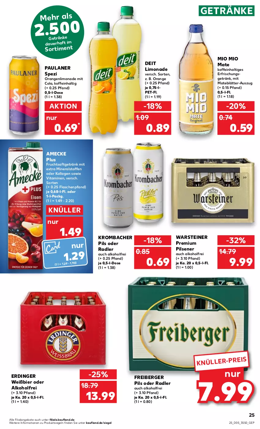 Aktueller Prospekt Kaufland - von 02.02 bis 08.02.2023 - strona 25 - produkty: alkohol, amecke, angebot, angebote, auer, Berger, bier, cola, deit, eis, erdinger, flasche, Freiberger, frucht, fruchtsaft, fruchtsaftgetränk, getränk, getränke, Kollagen, limo, limonade, Mio Mio, oder radler, orange, orangen, Paula, paulaner, pils, pilsener, premium pils, radler, saft, Spezi, steiner, Ti, vita, Vitamine, warsteiner