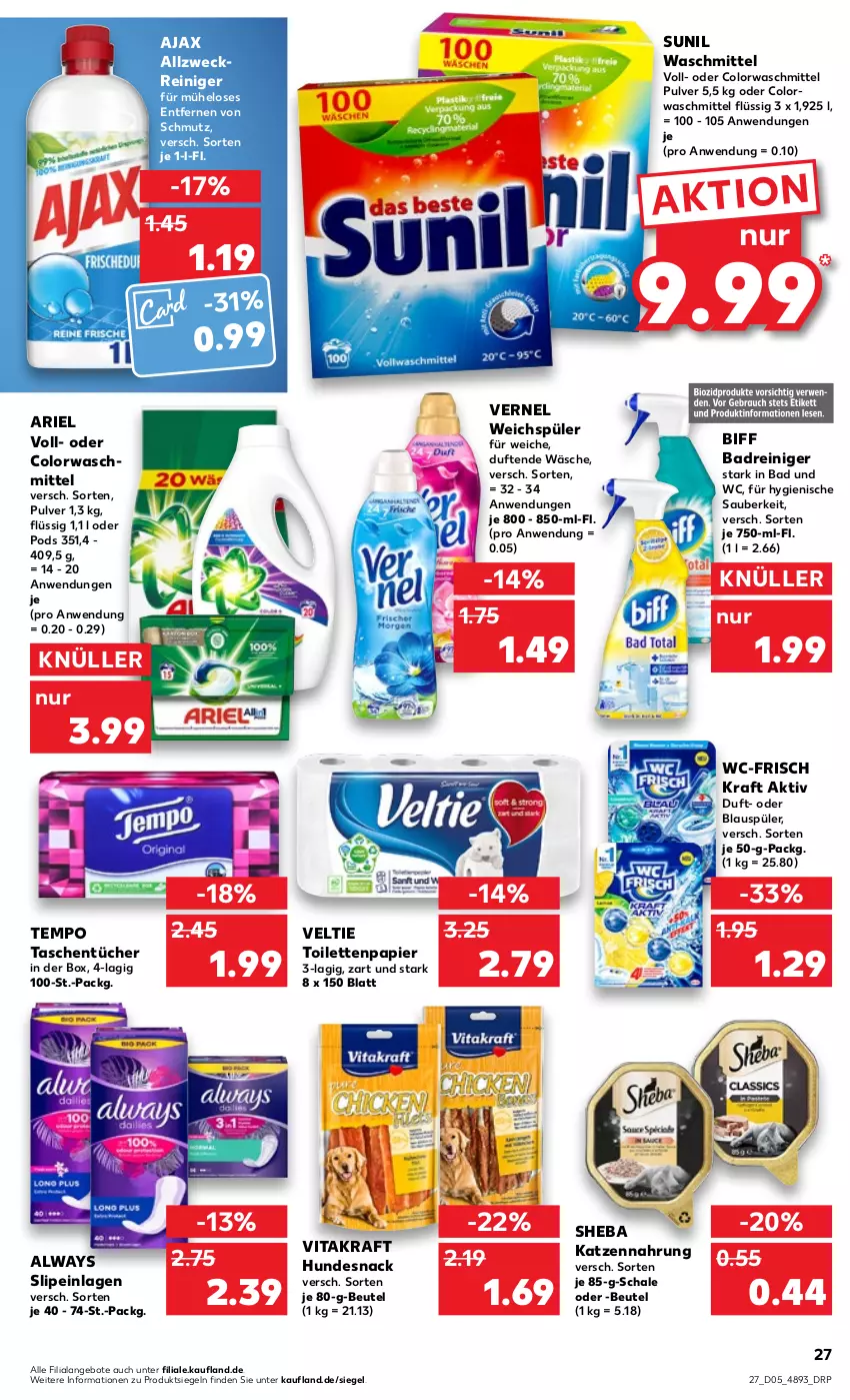 Aktueller Prospekt Kaufland - von 02.02 bis 08.02.2023 - strona 27 - produkty: ajax, allzweckreiniger, Alwa, Always, angebot, angebote, ariel, Bad, beutel, biff, colorwaschmittel, hundesnack, katzennahrung, kraft, papier, Pods, reiniger, Schal, Schale, sheba, slip, slipeinlagen, snack, sunil, Tasche, taschen, taschentücher, Tempo, Ti, toilettenpapier, tücher, vernel, vita, vitakraft, waschmittel, weck, weichspüler